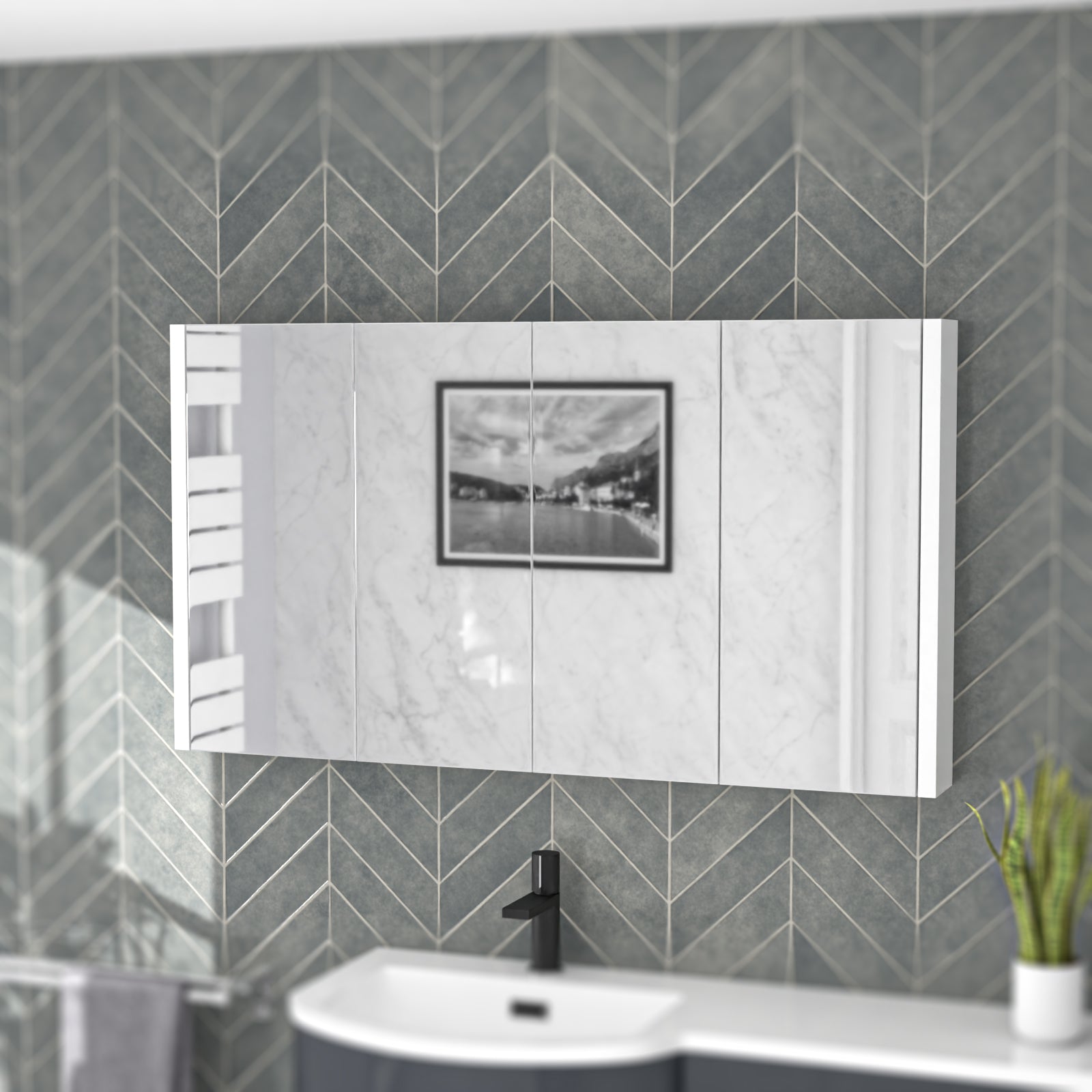 Gloss White 1200mm Minimalist 4-Door Mirror Cabinet