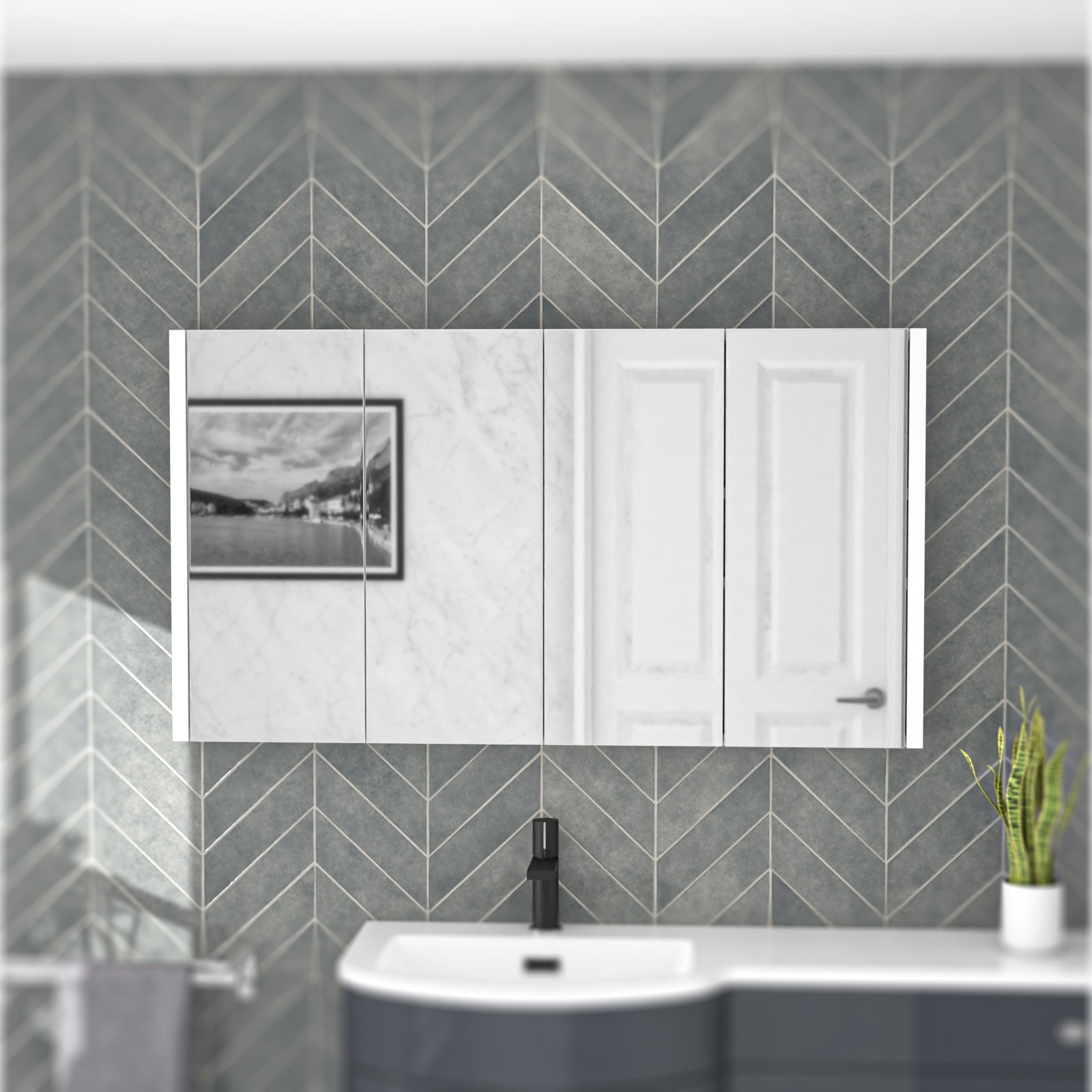 Gloss White 1200mm Minimalist 4-Door Mirror Cabinet