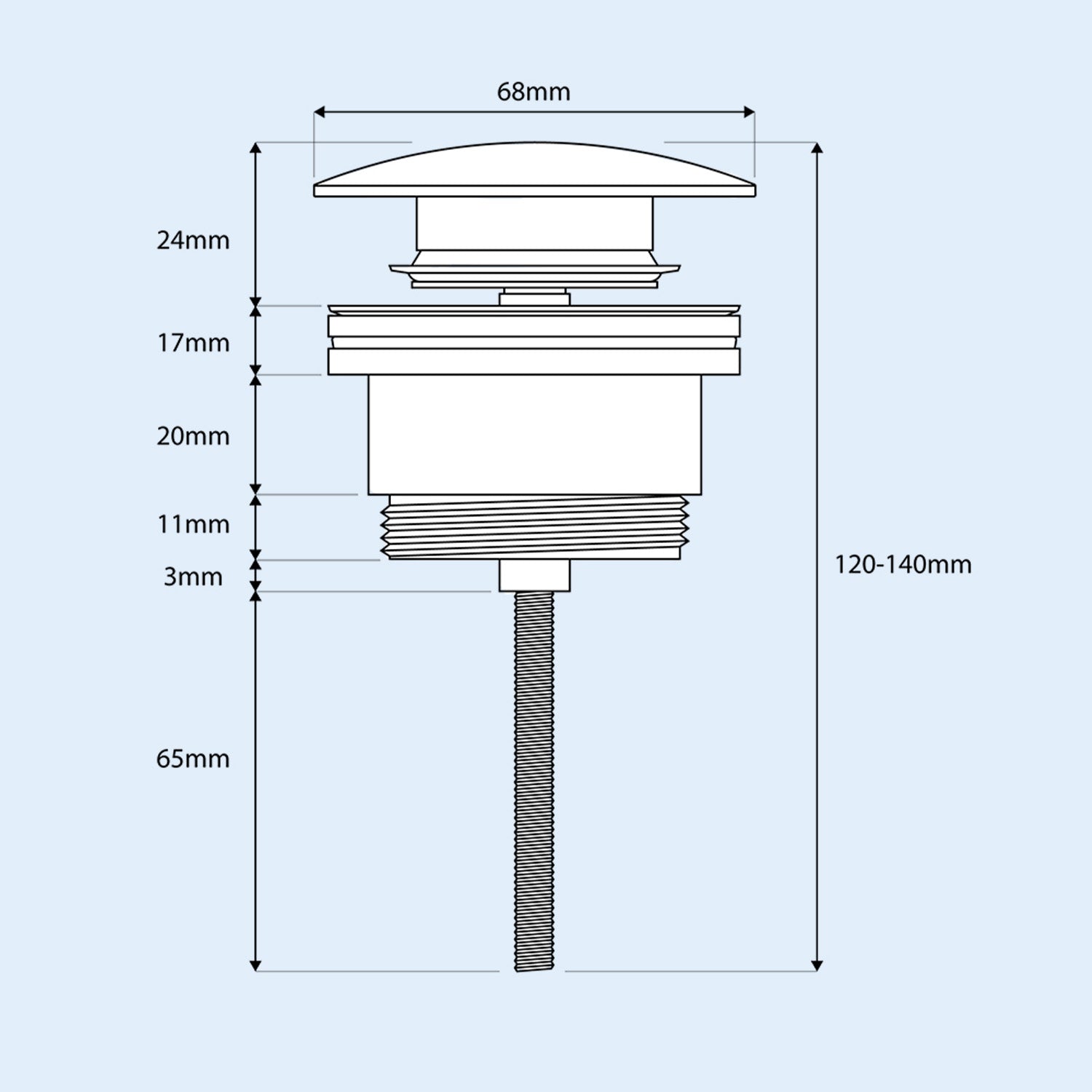 68mm Chrome Round Click Clack Sprung Bath Waste with Overflow