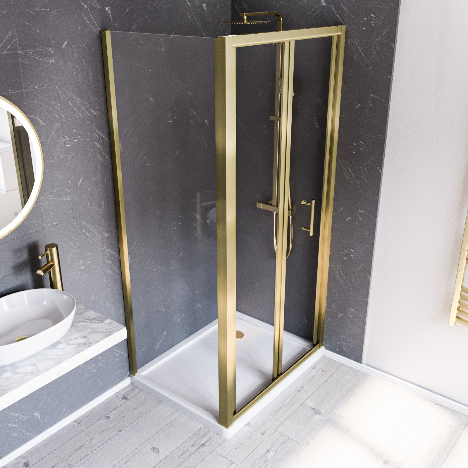 Brushed Brass 1000mm Bi-fold Shower Door 760mm Tempered Glass with Tray