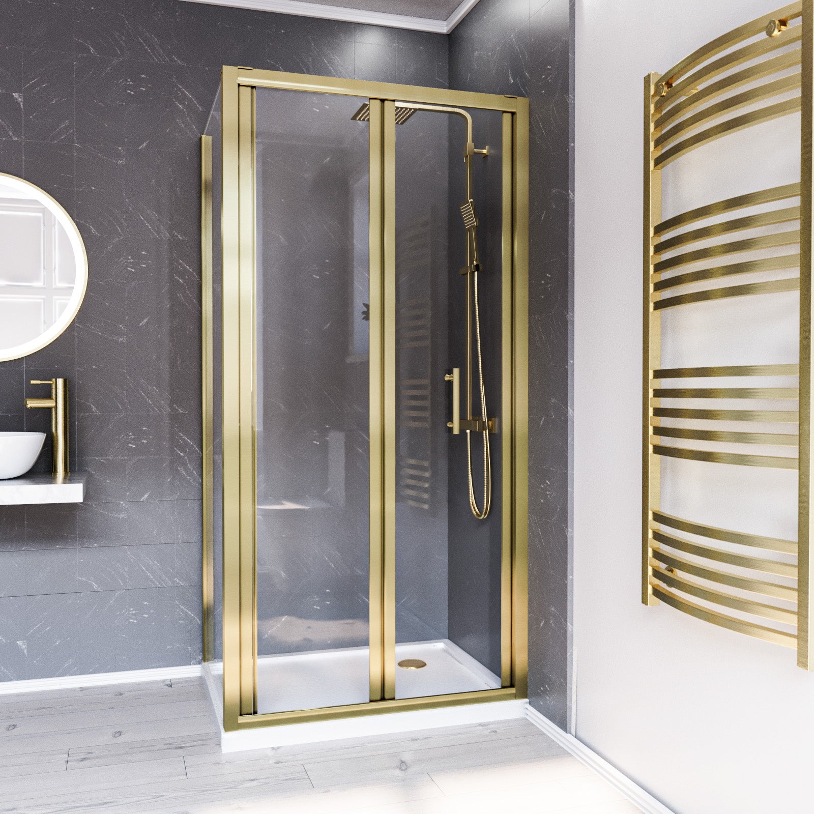 Brushed Brass 900mm Bi-fold Shower Door 700mm Side Panel Tempered Glass With Tray
