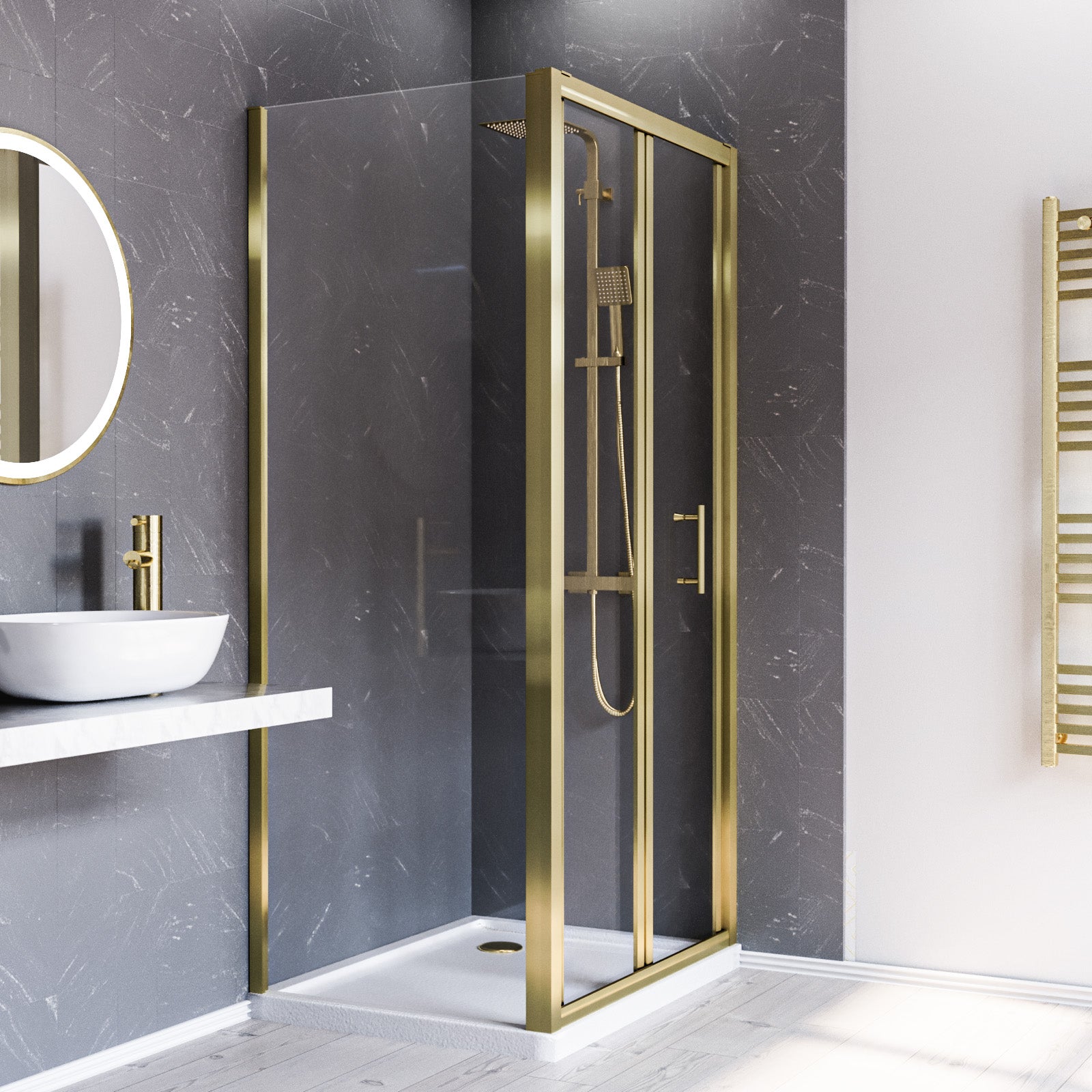 Brushed Brass 900mm Bi-fold Shower Door 760mm Side Panel Tempered Glass