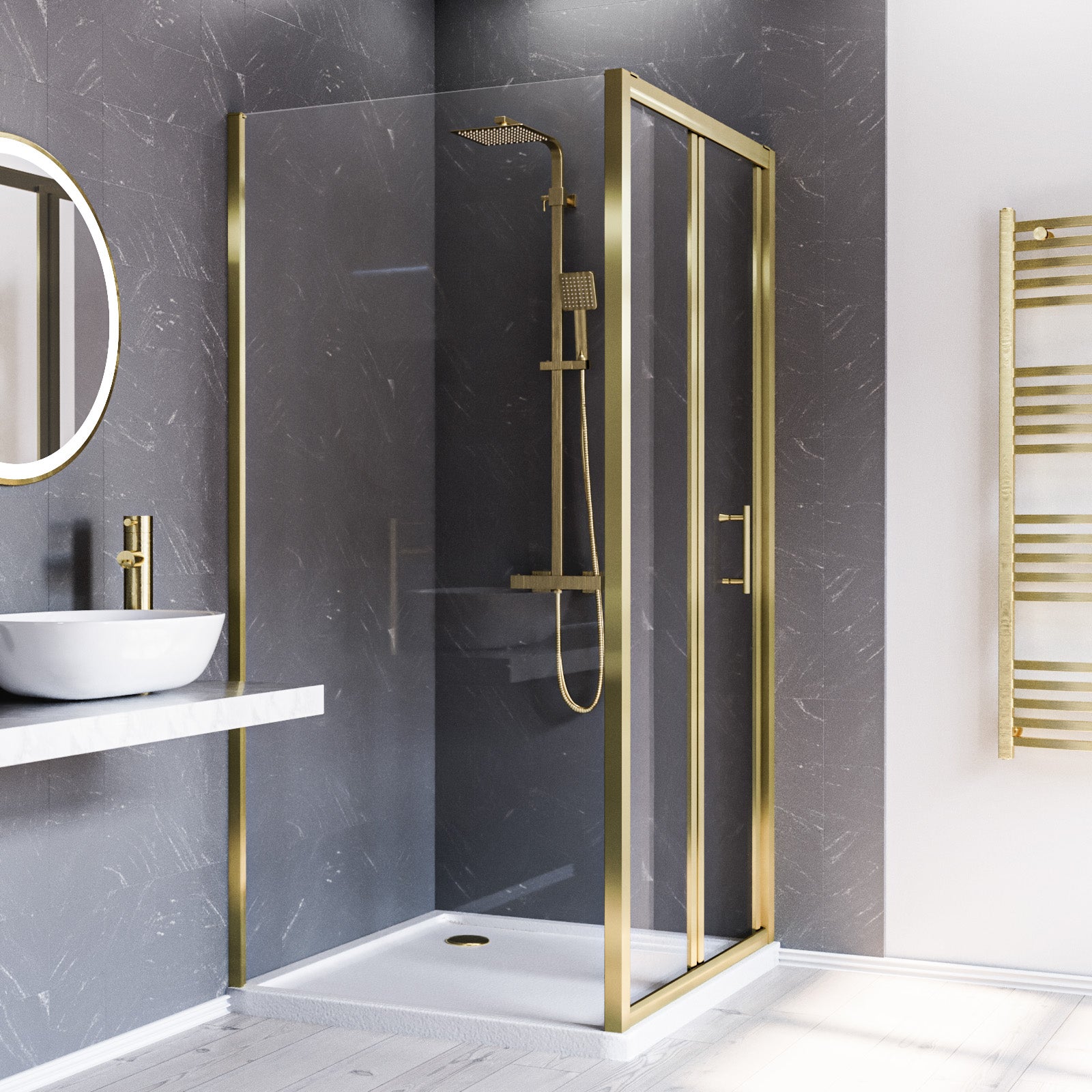 Brushed Brass 900mm Bi-fold Shower Door 800mm Side Panel Tempered Glass