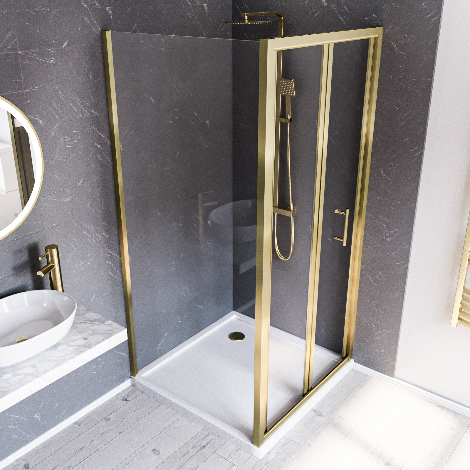 Brushed Brass 900mm Bi-fold Shower Door 800mm Side Panel Tempered Glass