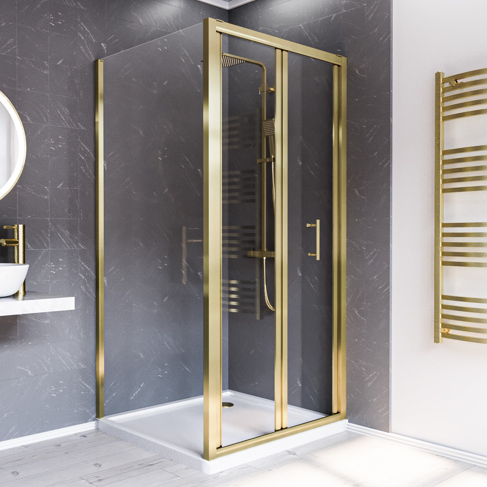 Brushed Brass 1000mm Bi-fold Shower Door 700mm Tempered Glass Panel