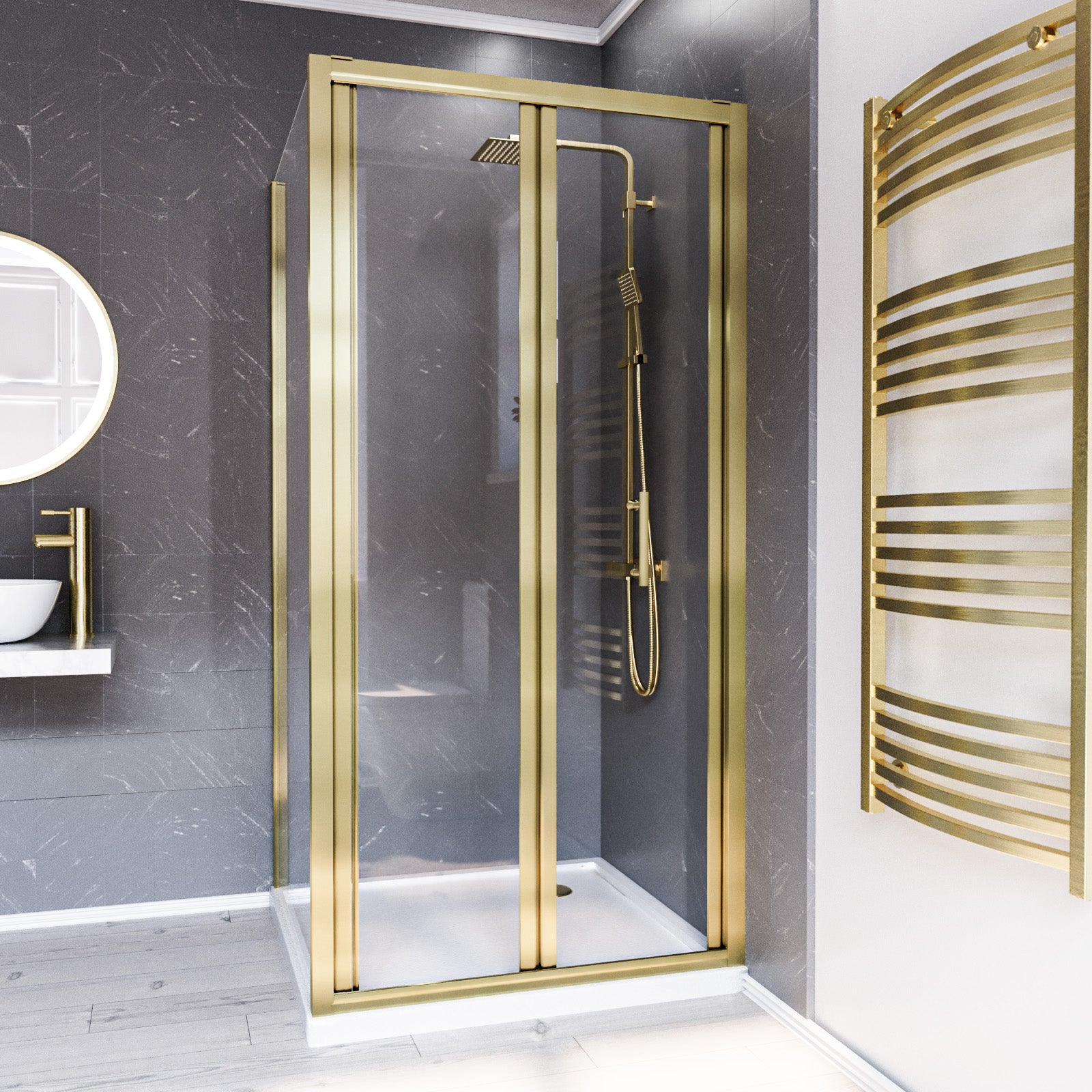 Brushed Brass 900mm Bi-fold Shower Door 900mm Side Panel Tempered Glass With Tray