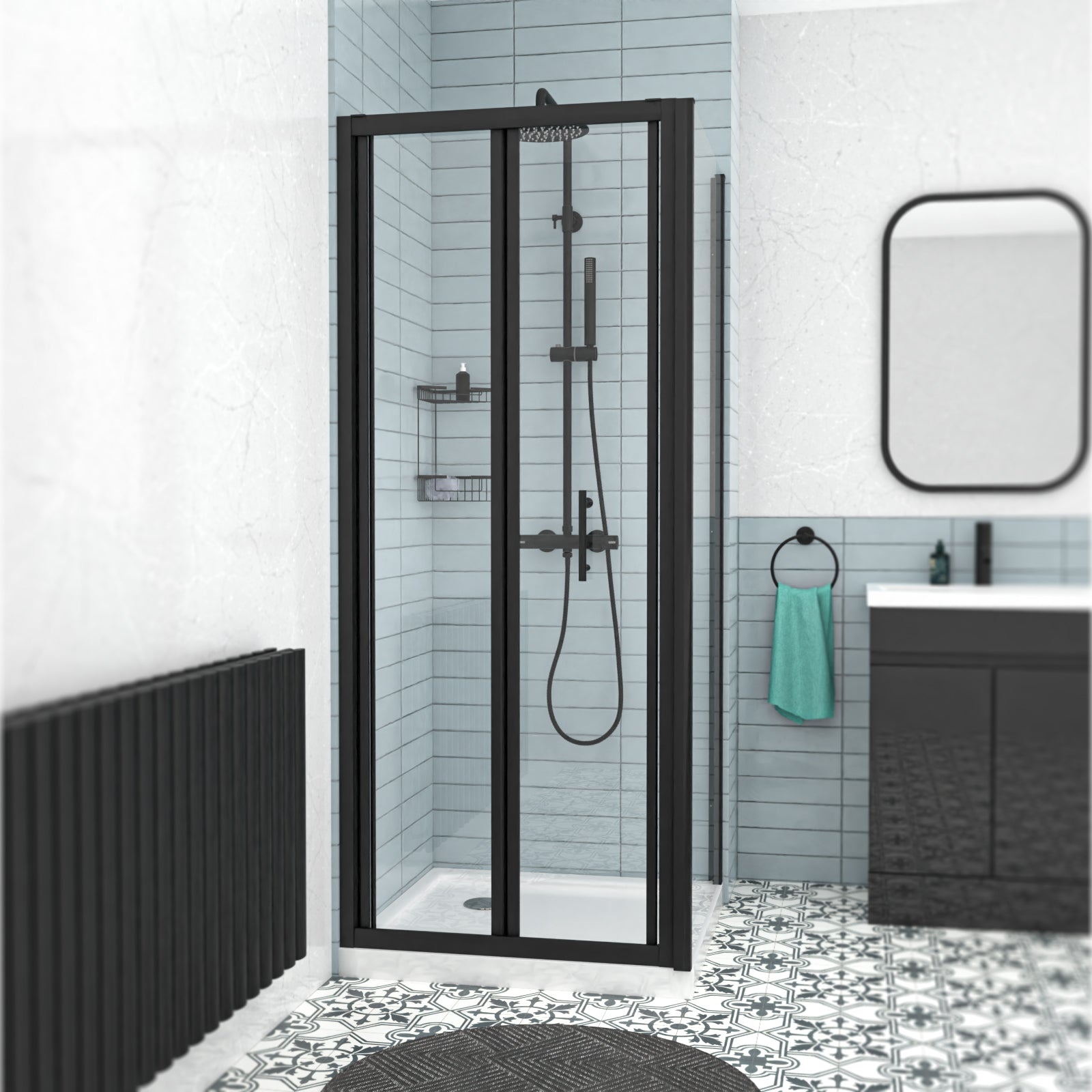Black 700mm Bi-fold Shower Door, 700mm Side Panel Tempered Glass