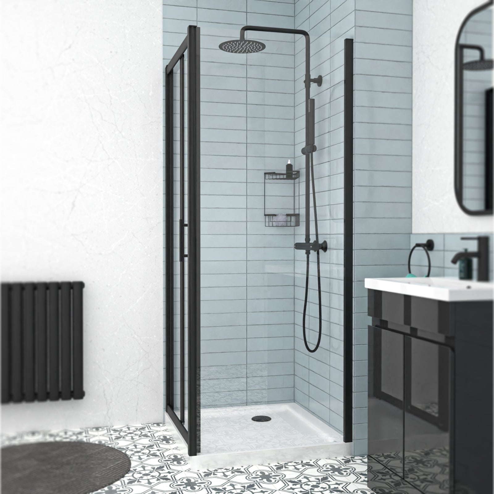 Black 760mm Bi-fold Shower Door, 760mm Side Panel Tempered Glass