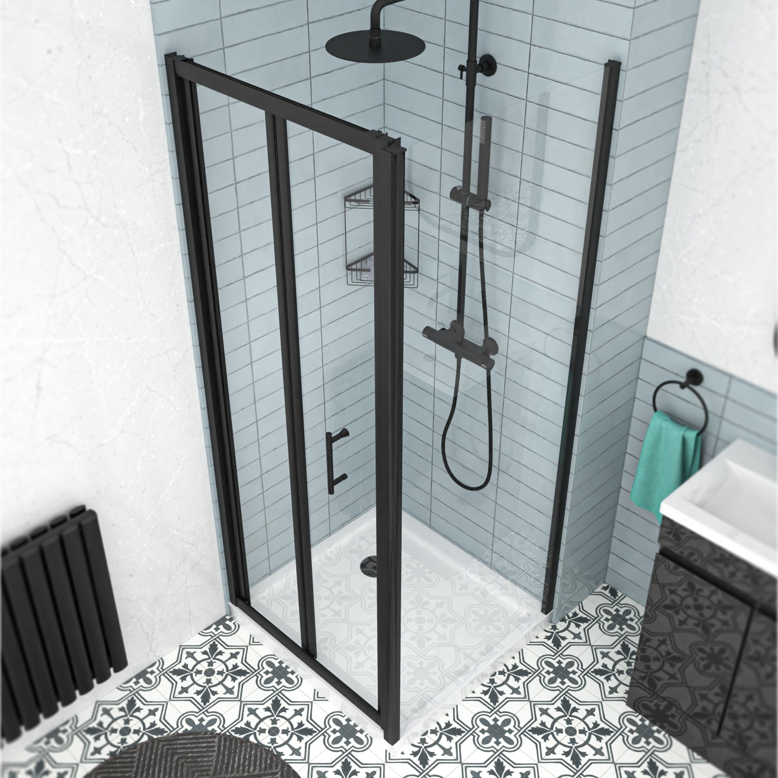 Black 760mm Bi-fold Shower Door, 760mm Side Panel Tempered Glass