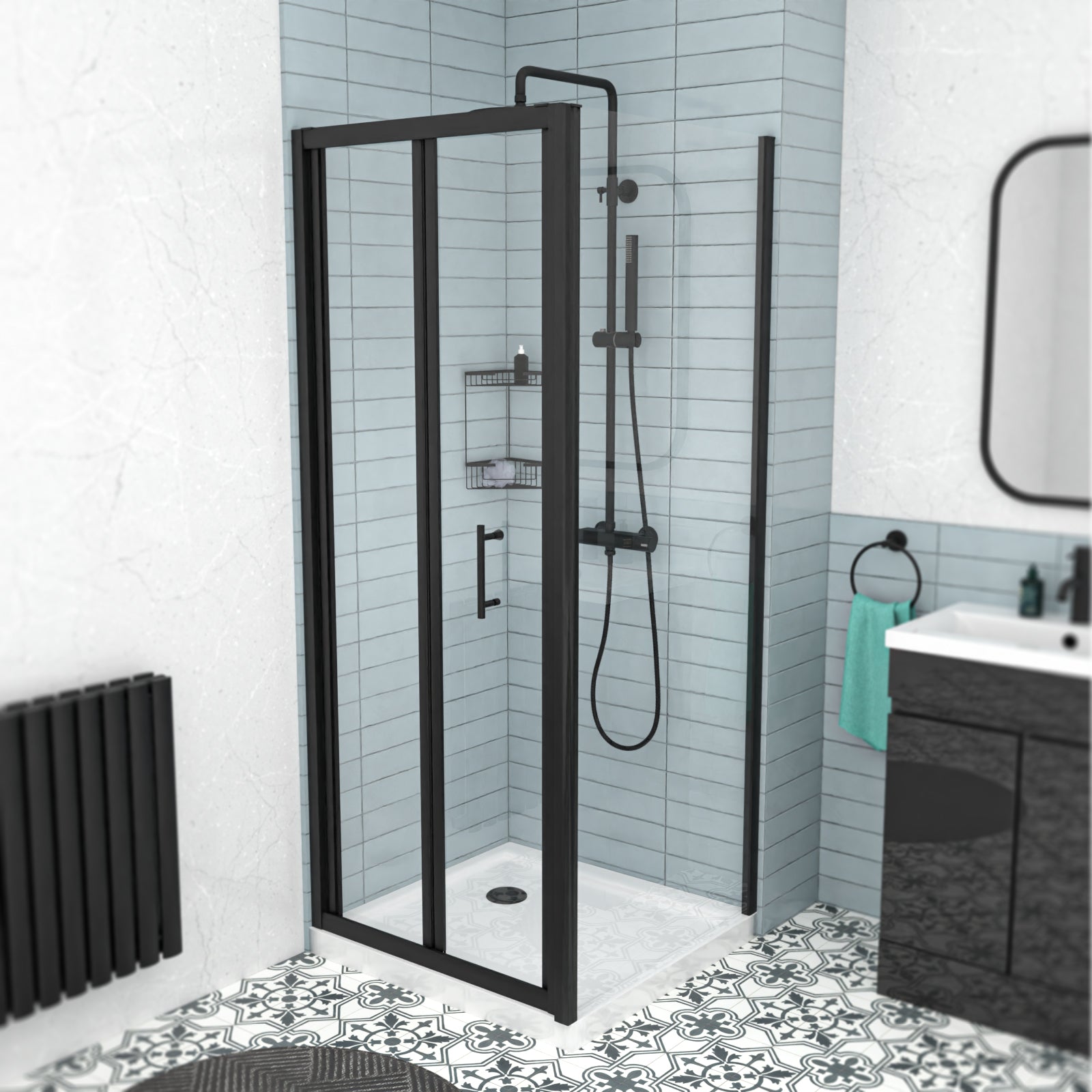 Black 760mm Bi-fold Shower Door, 760mm Side Panel Tempered Glass