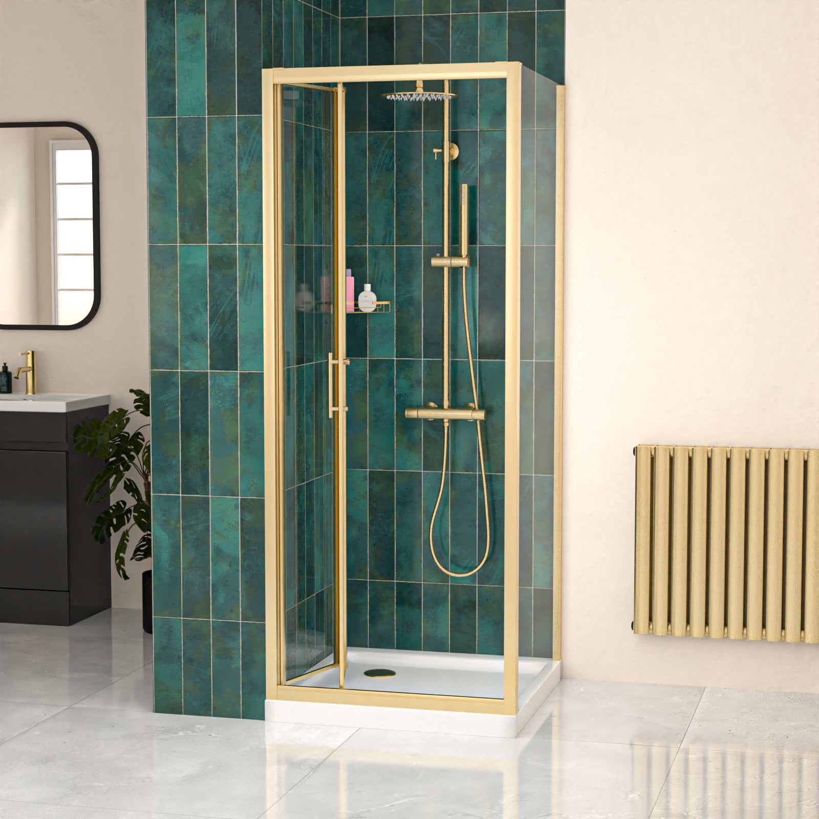 Brushed Brass 760mm Bi-fold Shower Door 700mm Side Panel Tempered Glass