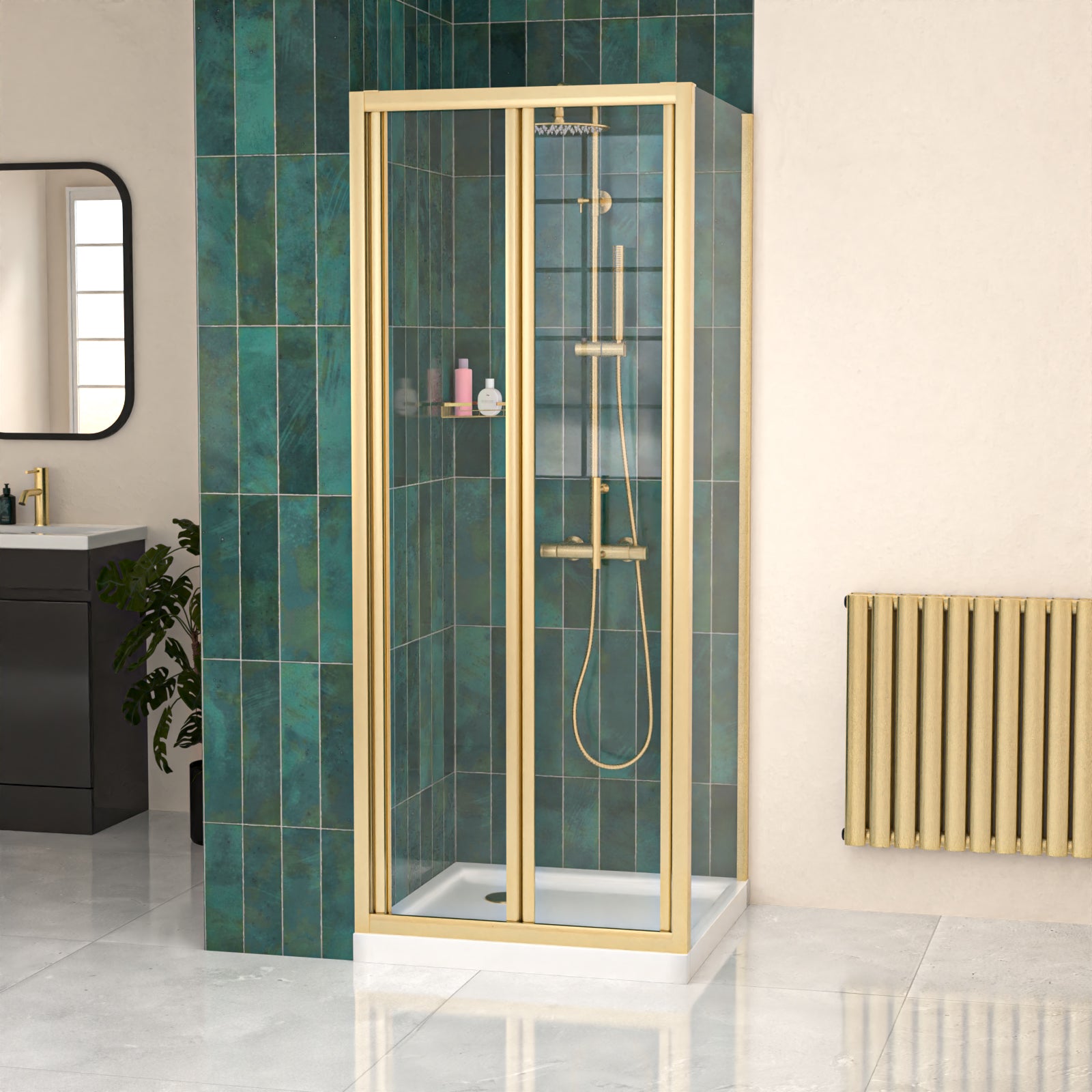 Brushed Brass 760mm Bi-fold Shower Door 760mm Side Panel Glass With Tray