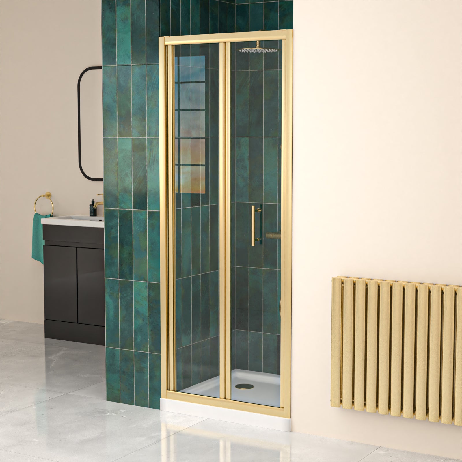 760mm Brushed Brass Bi-fold Shower Door Tempered Glass