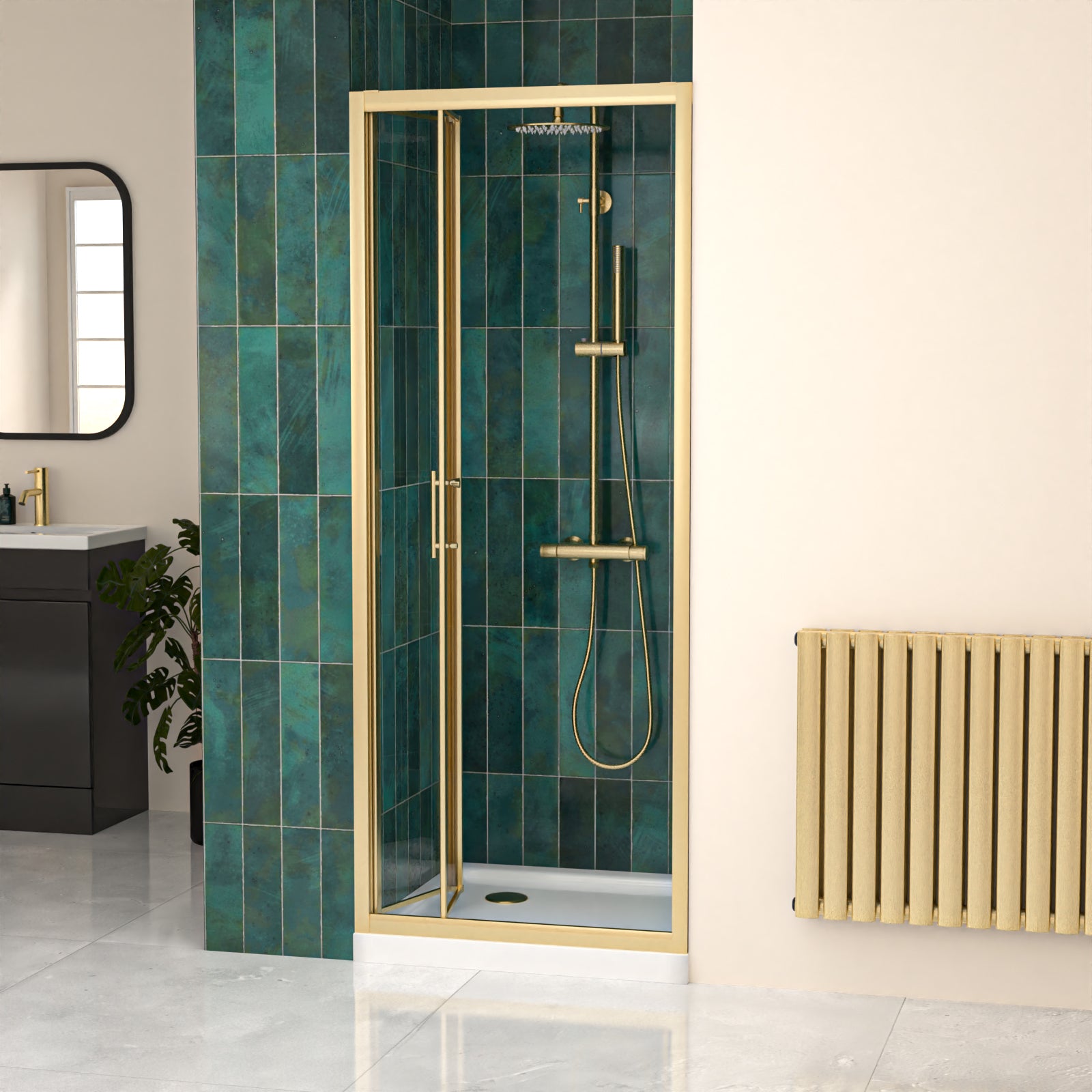 760mm Brushed Brass Bi-fold Shower Door Tempered Glass