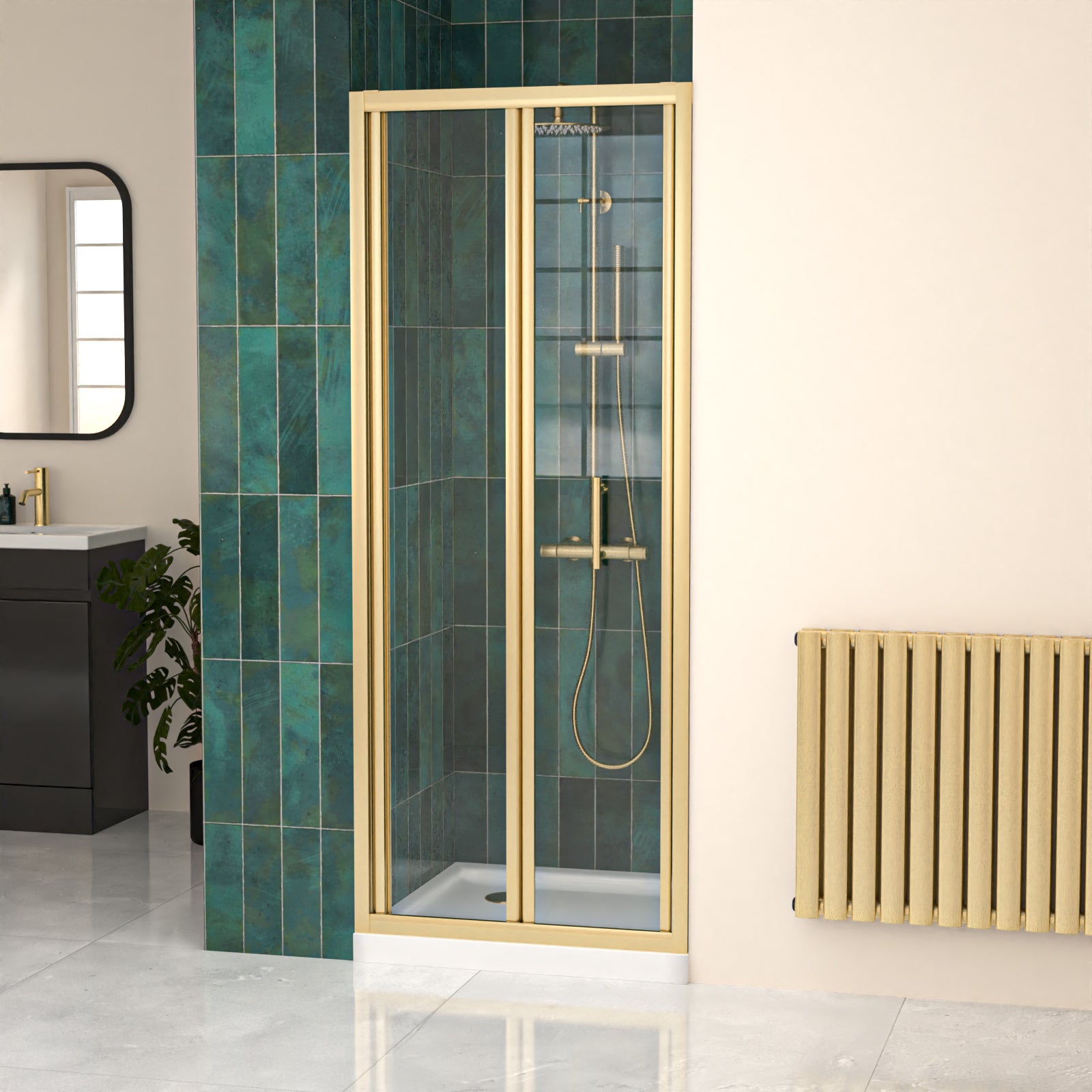 760mm Brushed Brass Bi-fold Shower Door Tempered Glass