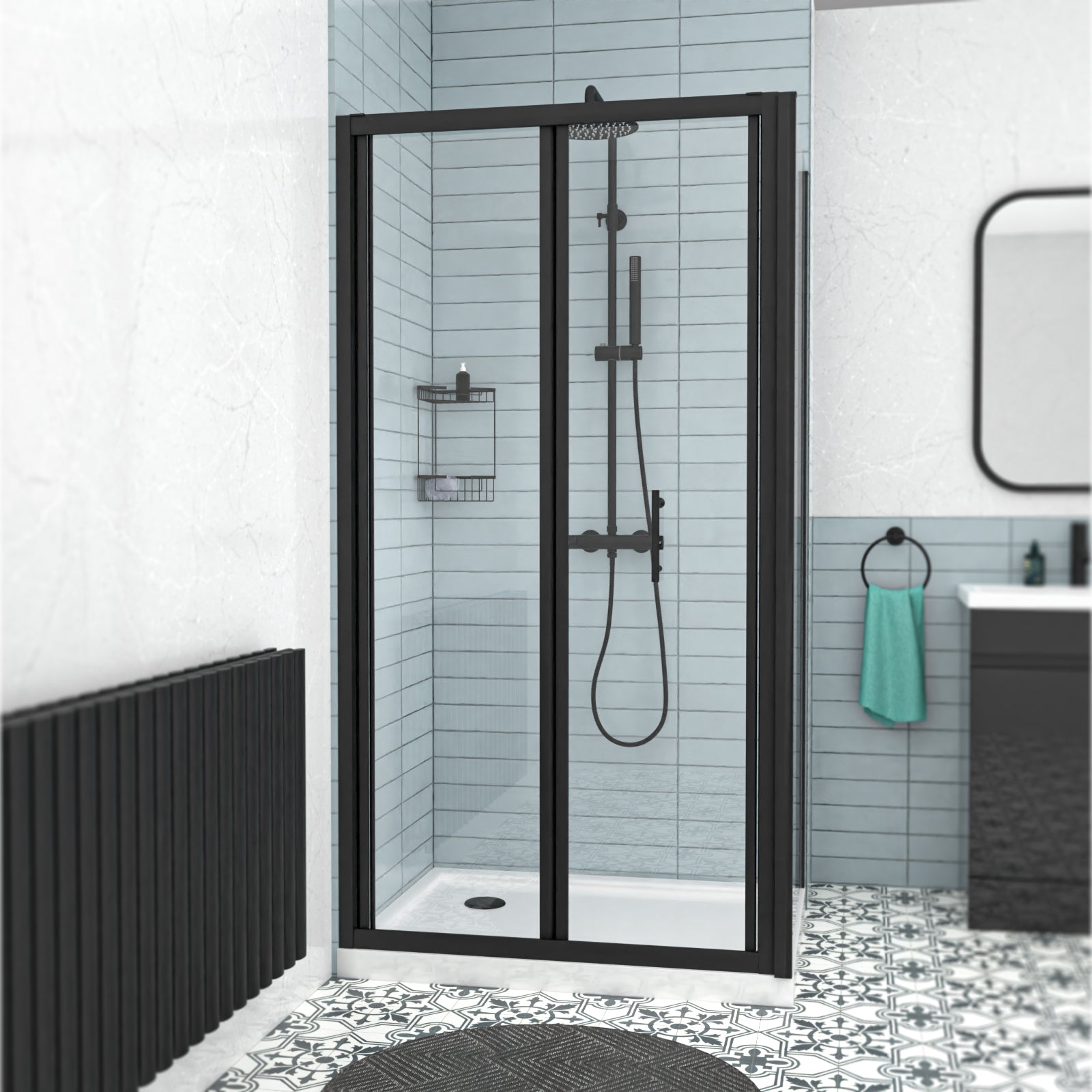 Black 900mm Bi-fold Shower Door, 800mm Side Panel Tempered Glass