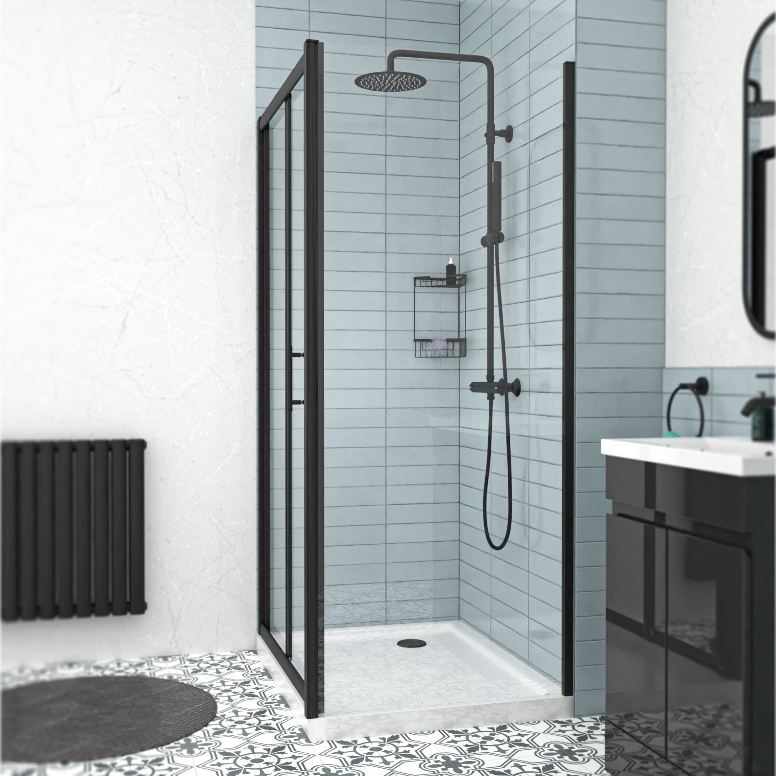 Black 900mm Bi-fold Shower Door, 900mm Side Panel Tempered Glass