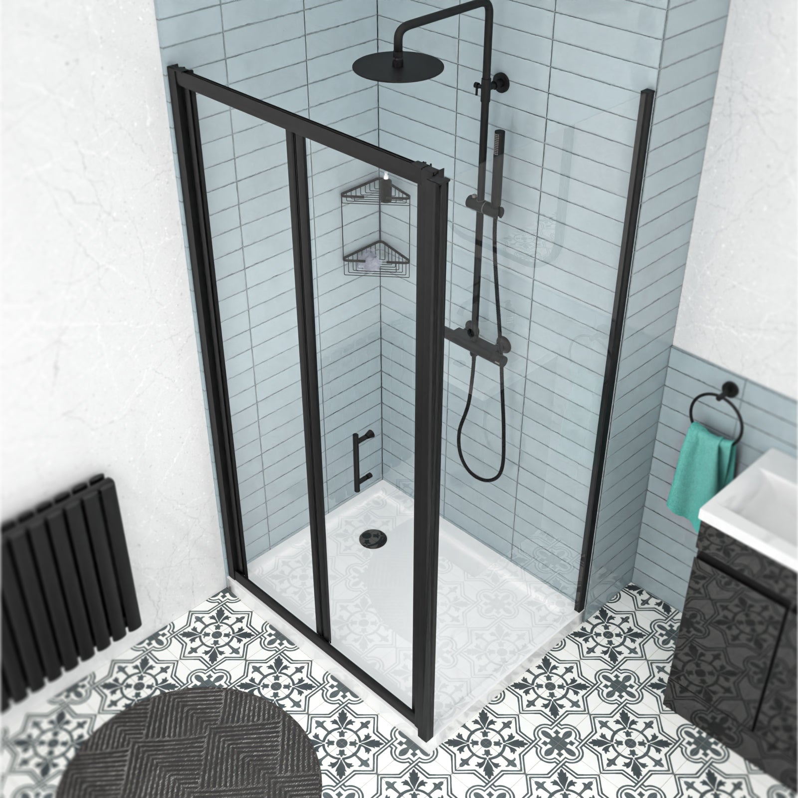 Black 900mm Bi-fold Shower Door, 800mm Side Panel Tempered Glass