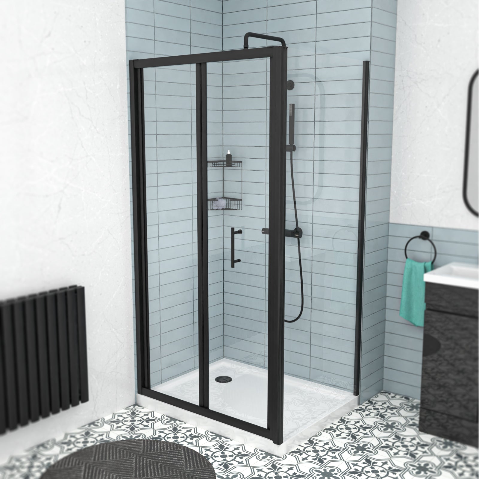 Black 1000mm Bi-fold Shower Door, 800mm Side Panel Tempered Glass
