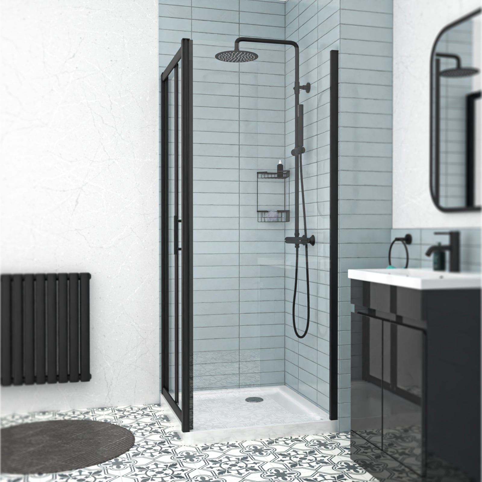 Black 800mm Bi-fold Shower Door, 800mm Side Panel Tempered Glass