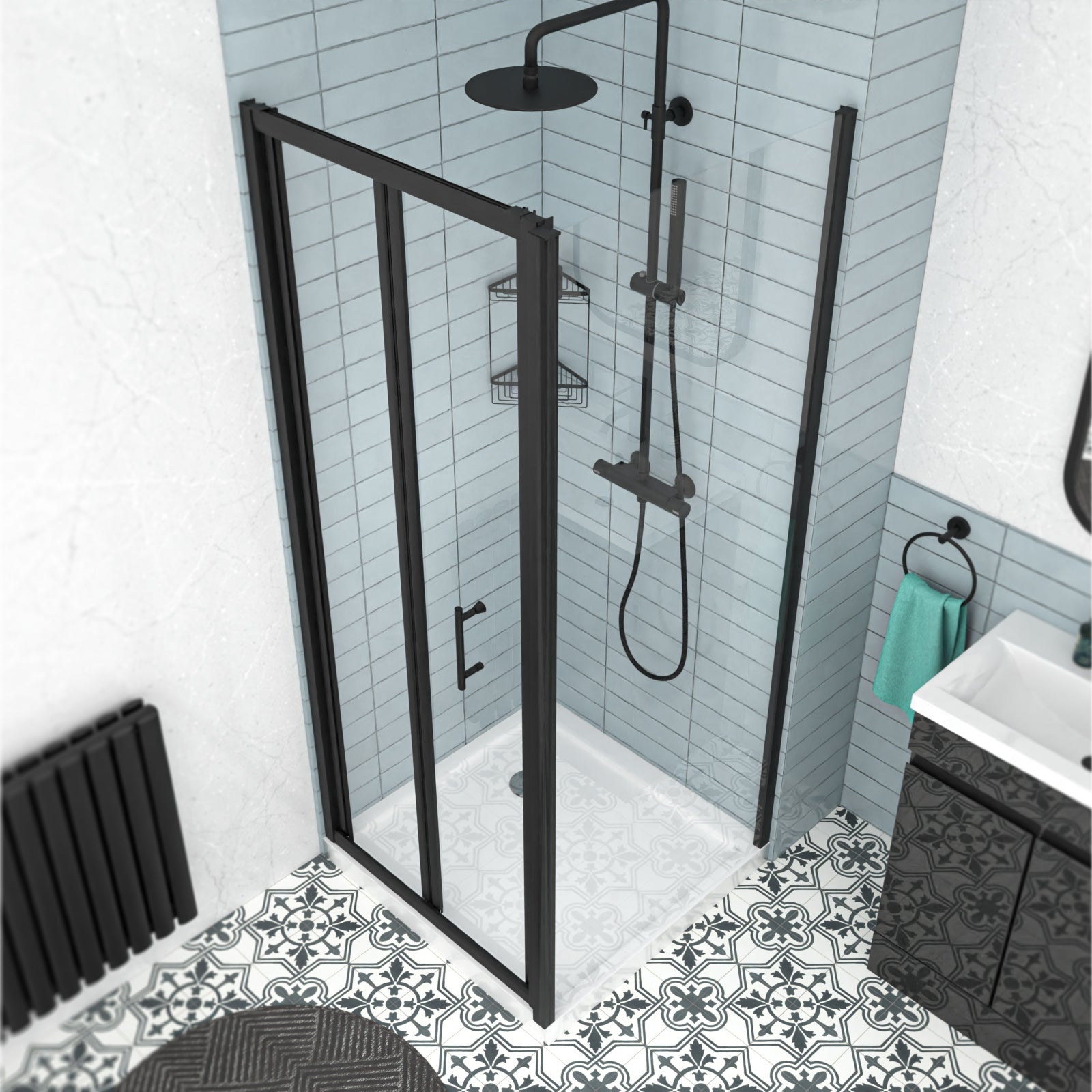 Black 800mm Bi-fold Shower Door, 800mm Side Panel Tempered Glass