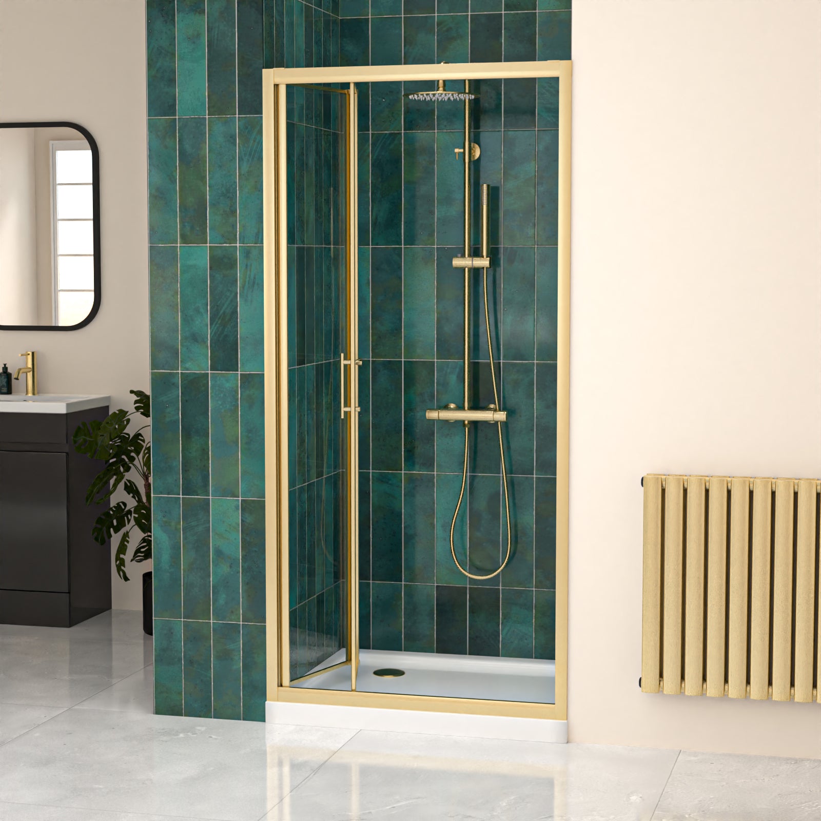 900mm Brushed Brass Bi-fold Shower Door Tempered Glass