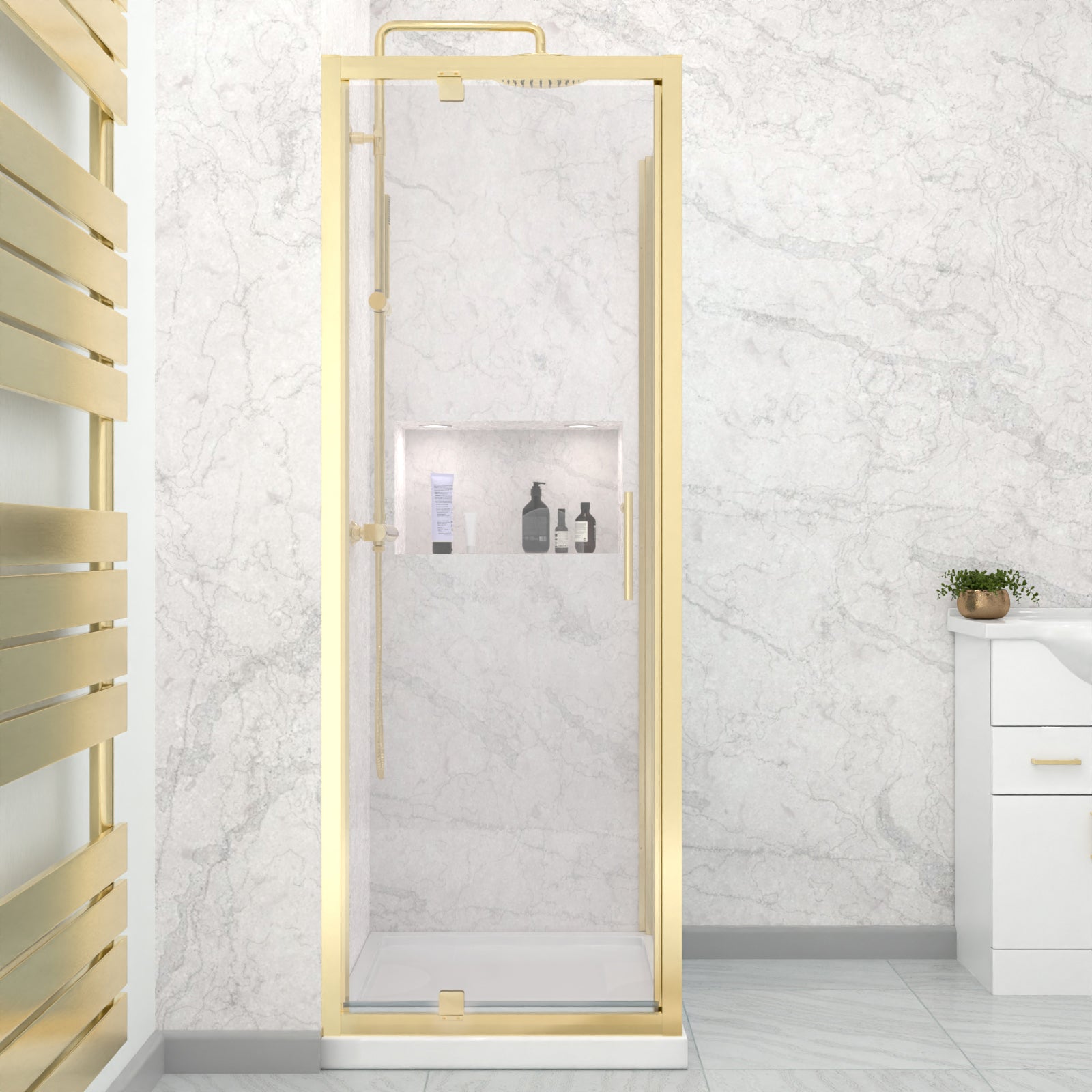 Brushed Brass 700 x 700mm Pivot Door Shower Enclosure Panel & Tray Set