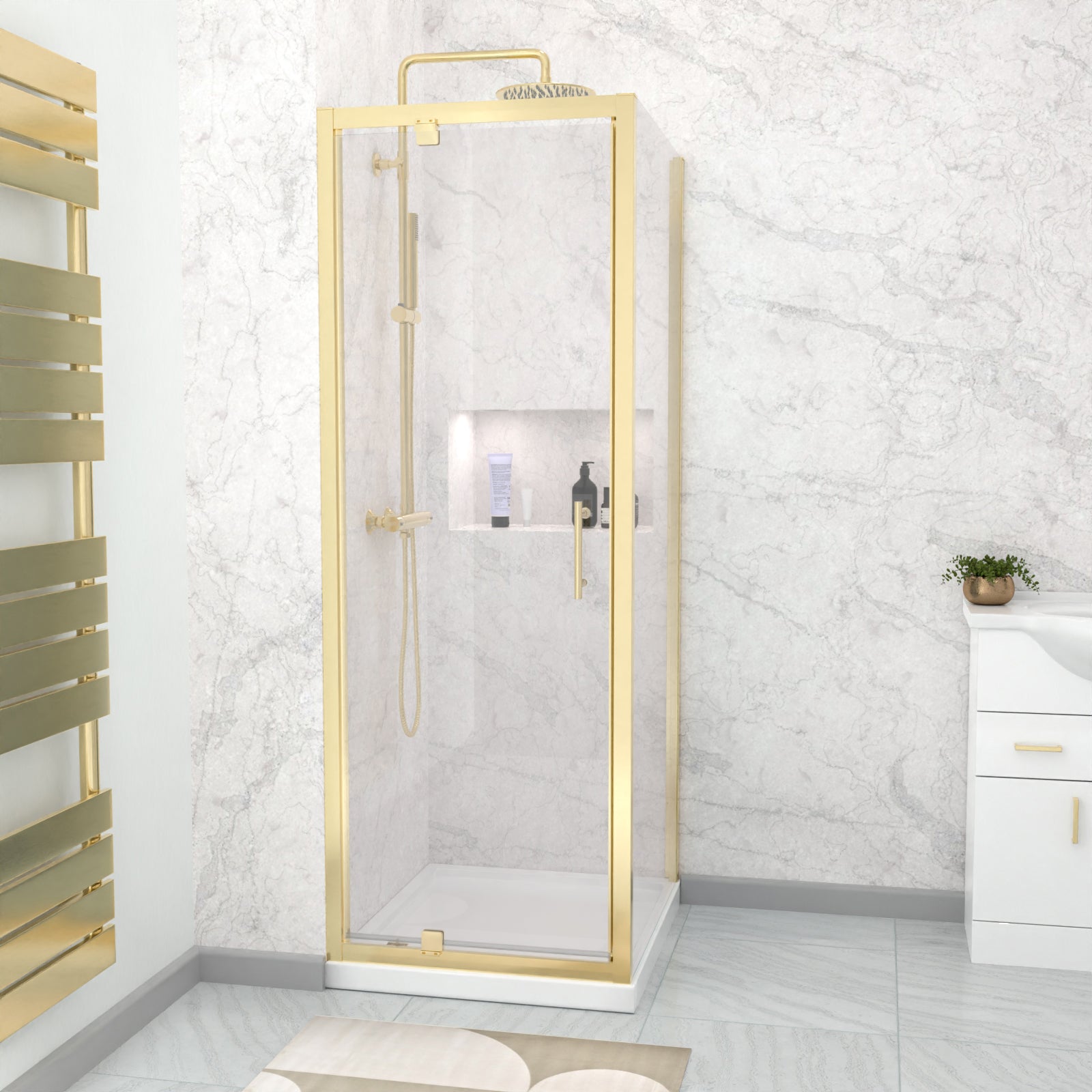 Brushed Brass 700 x 700mm Pivot Door Shower Enclosure Panel & Tray Set