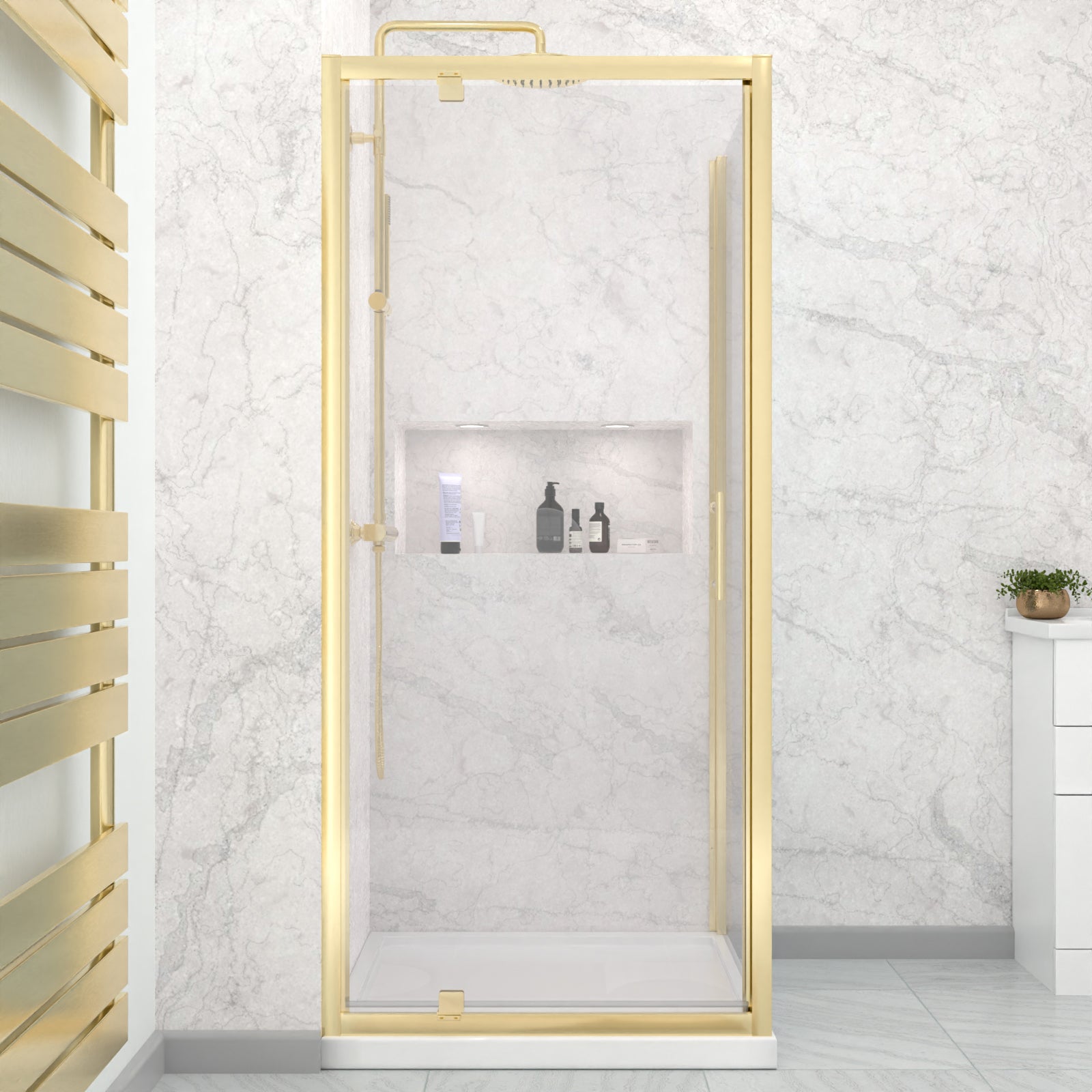 Brushed Brass 900 x 760mm Pivot Door Shower Enclosure Panel & Tray