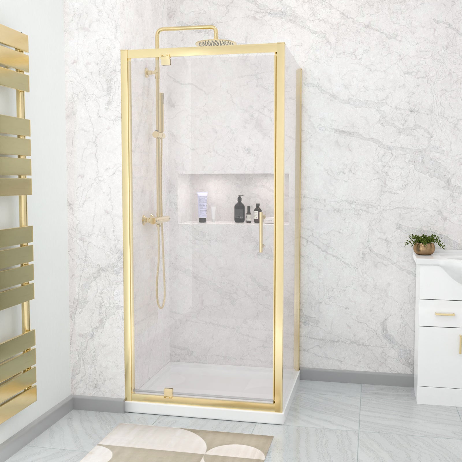 Brushed Brass 900 x 760mm Pivot Door Shower Enclosure Panel & Tray