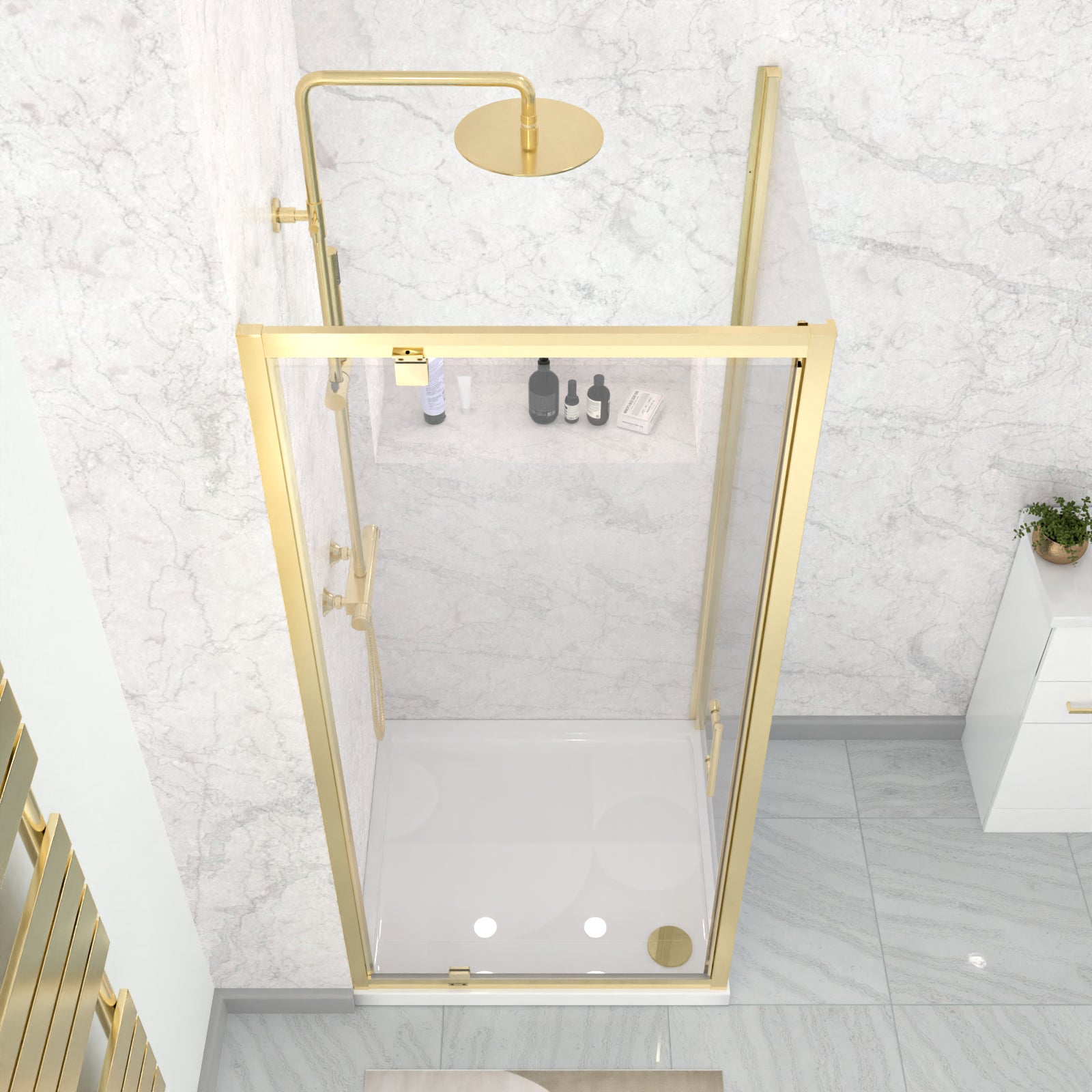 Brushed Brass 900 x 700mm Pivot Door Shower Enclosure Panel & Tray Set