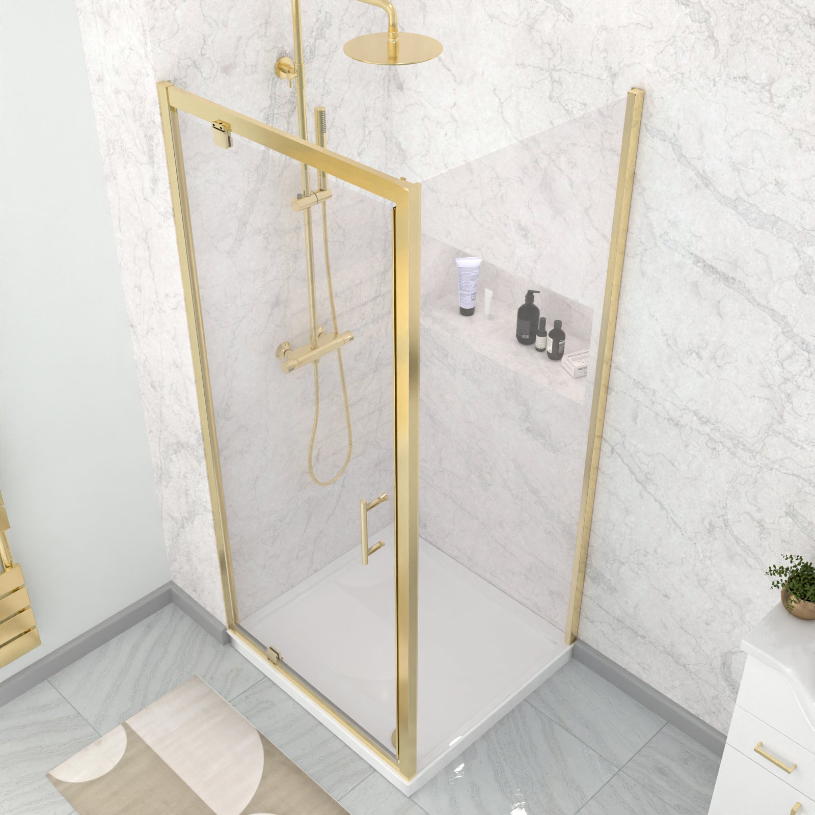 Brushed Brass 900 x 700mm Pivot Door Shower Enclosure Panel & Tray Set