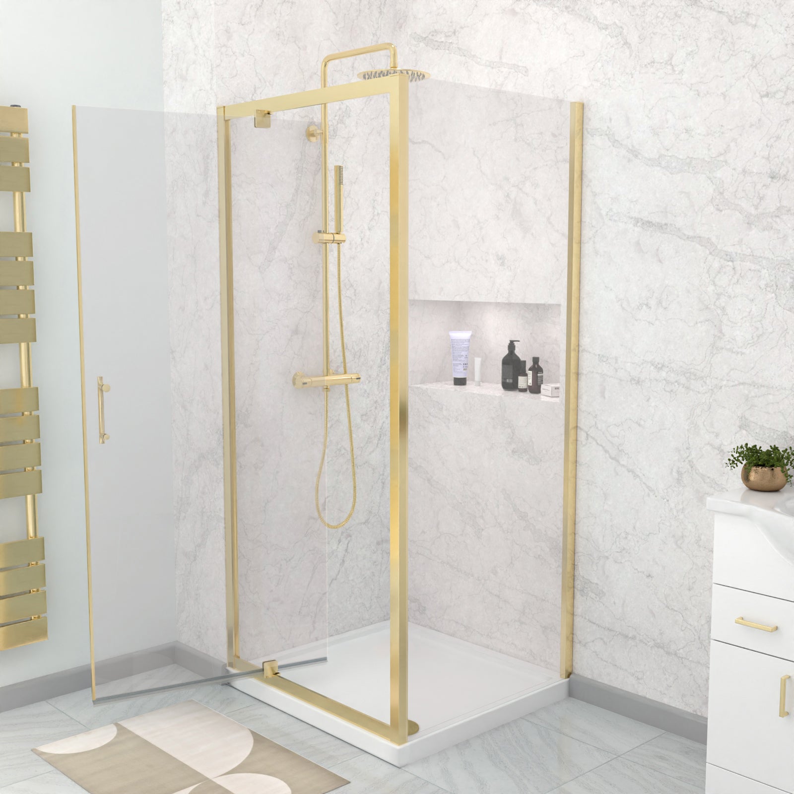 Brushed Brass 900 x 700mm Pivot Door Shower Enclosure Panel & Tray Set