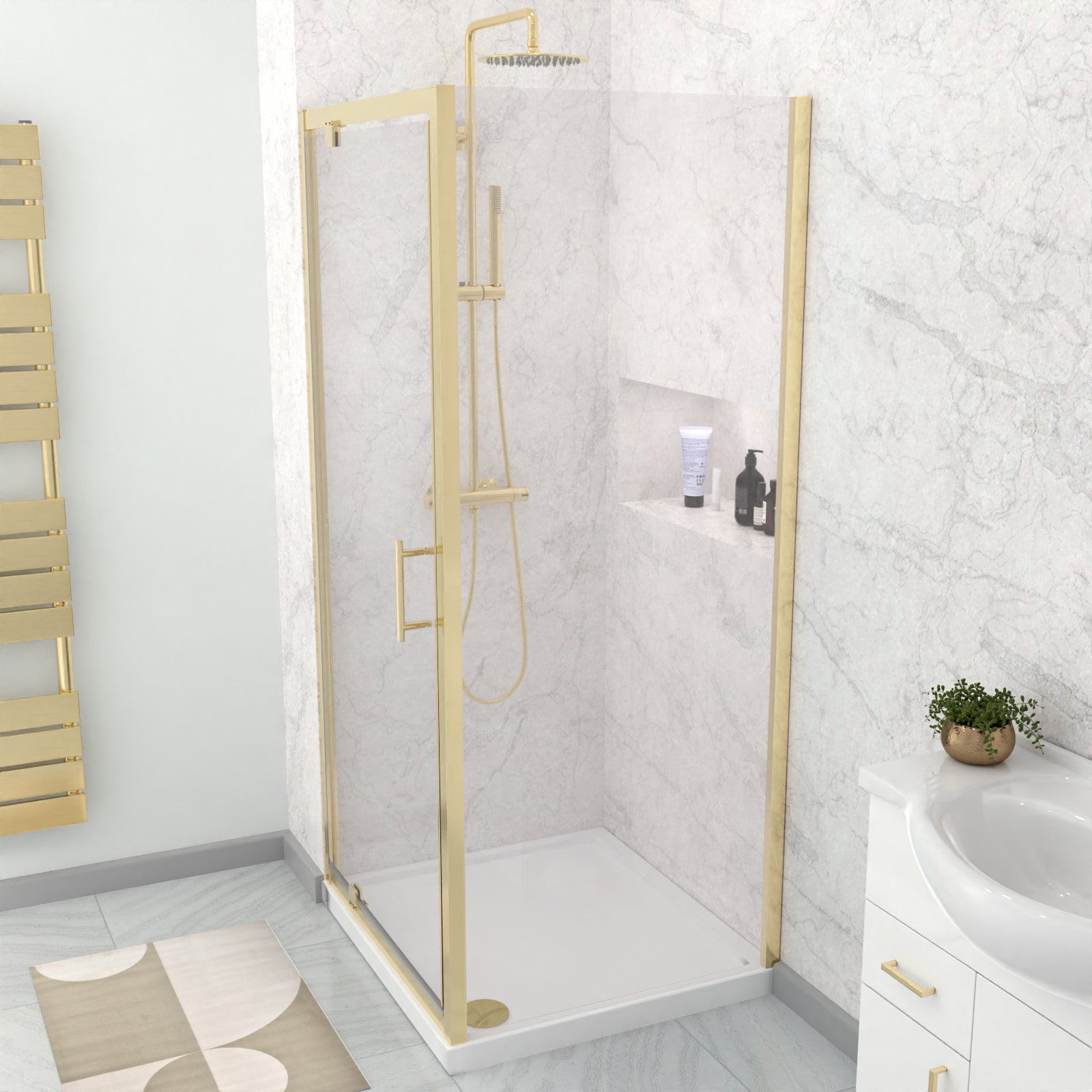 Brushed Brass Framed 900 x 900mm Pivot Door Shower Enclosure Panel & Tray