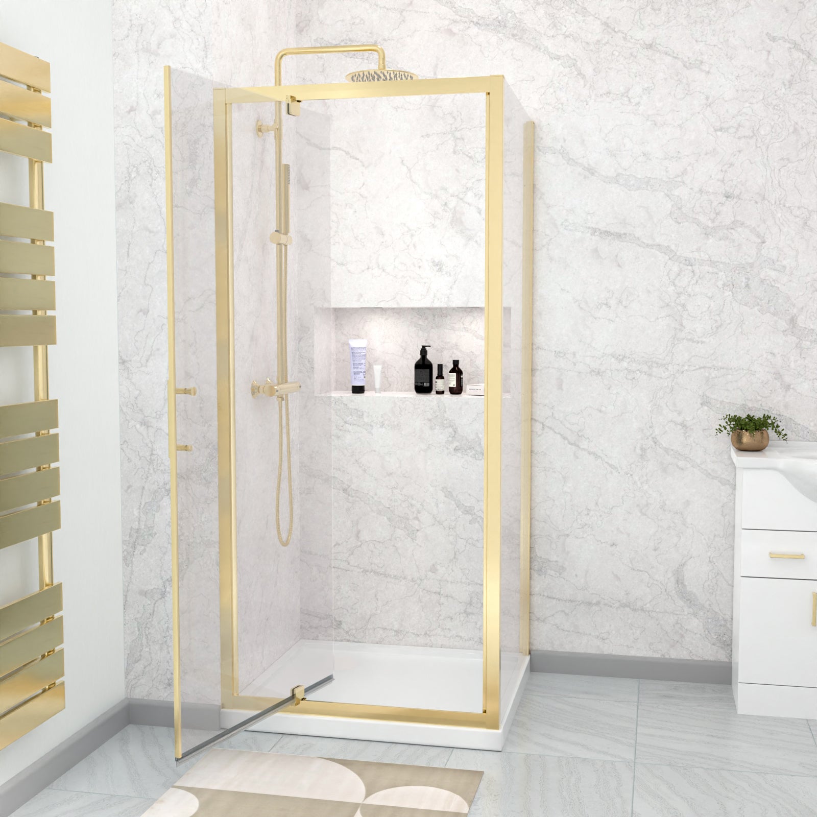 Brushed Brass Framed 900 x 900mm Pivot Door Shower Enclosure Panel & Tray