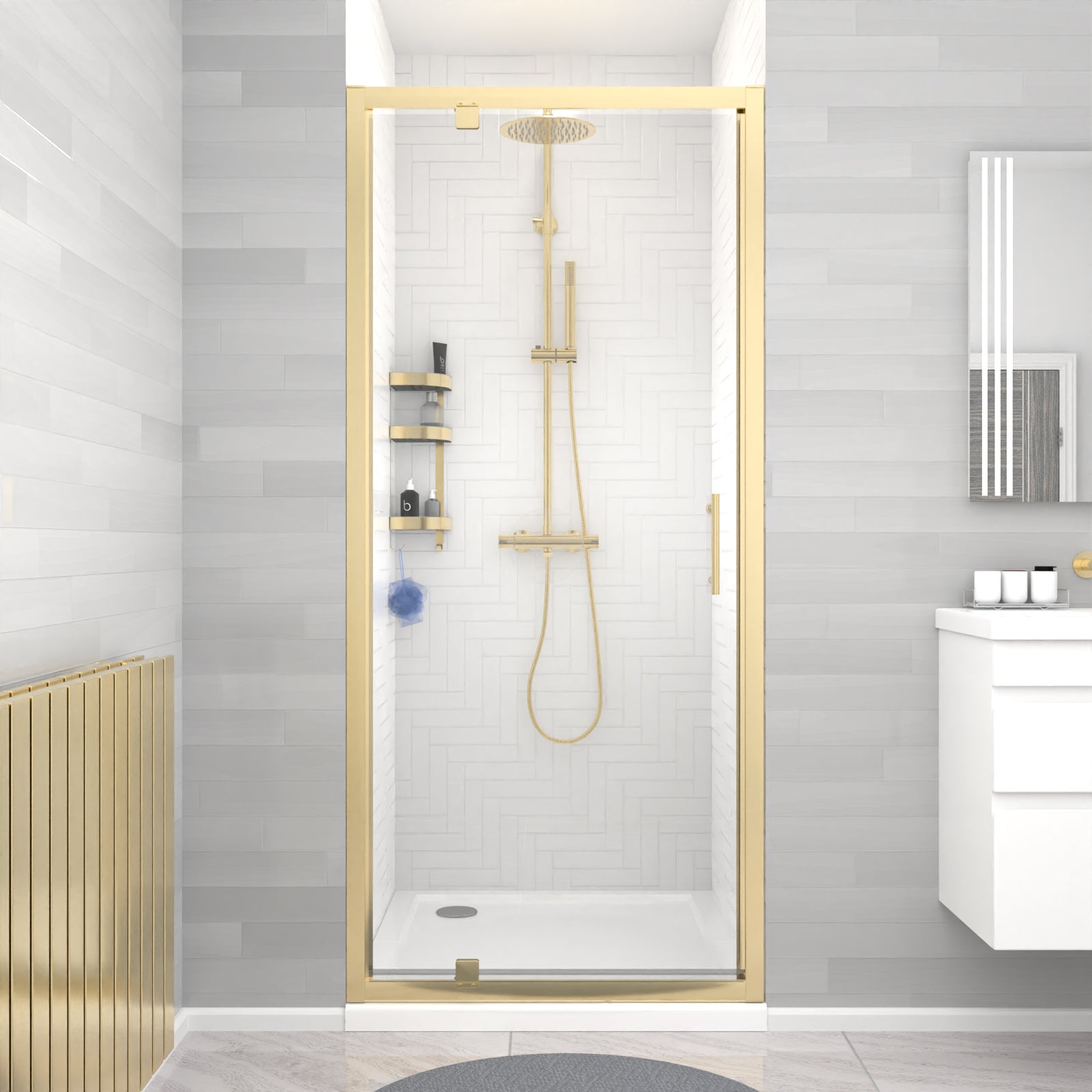 Jupiter 900 x 1850mm Brushed Brass Framed Shower Enclosure Pivot Door