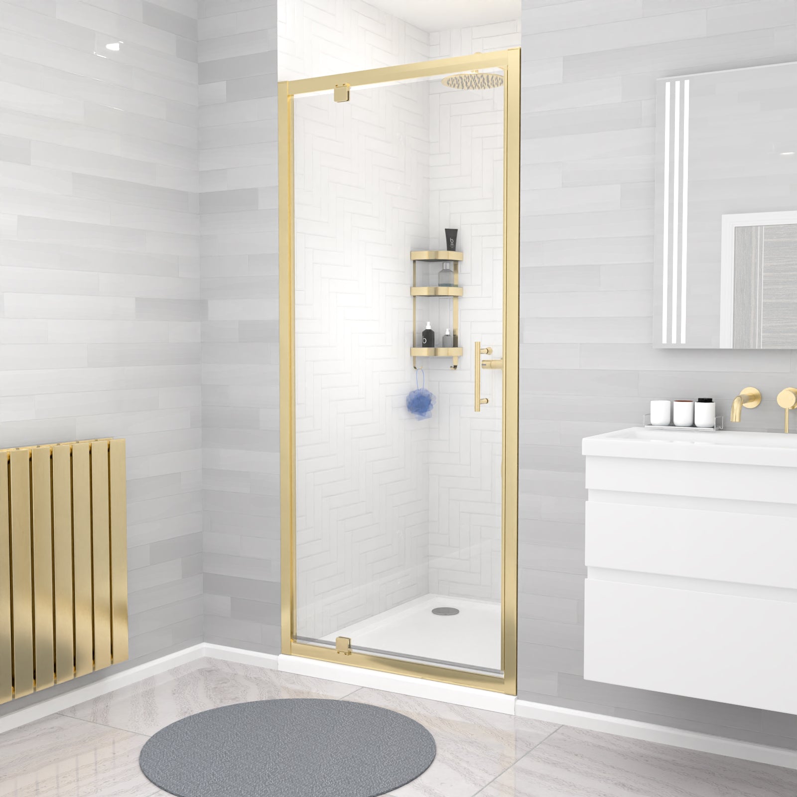 Jupiter 900 x 1850mm Brushed Brass Framed Shower Enclosure Pivot Door