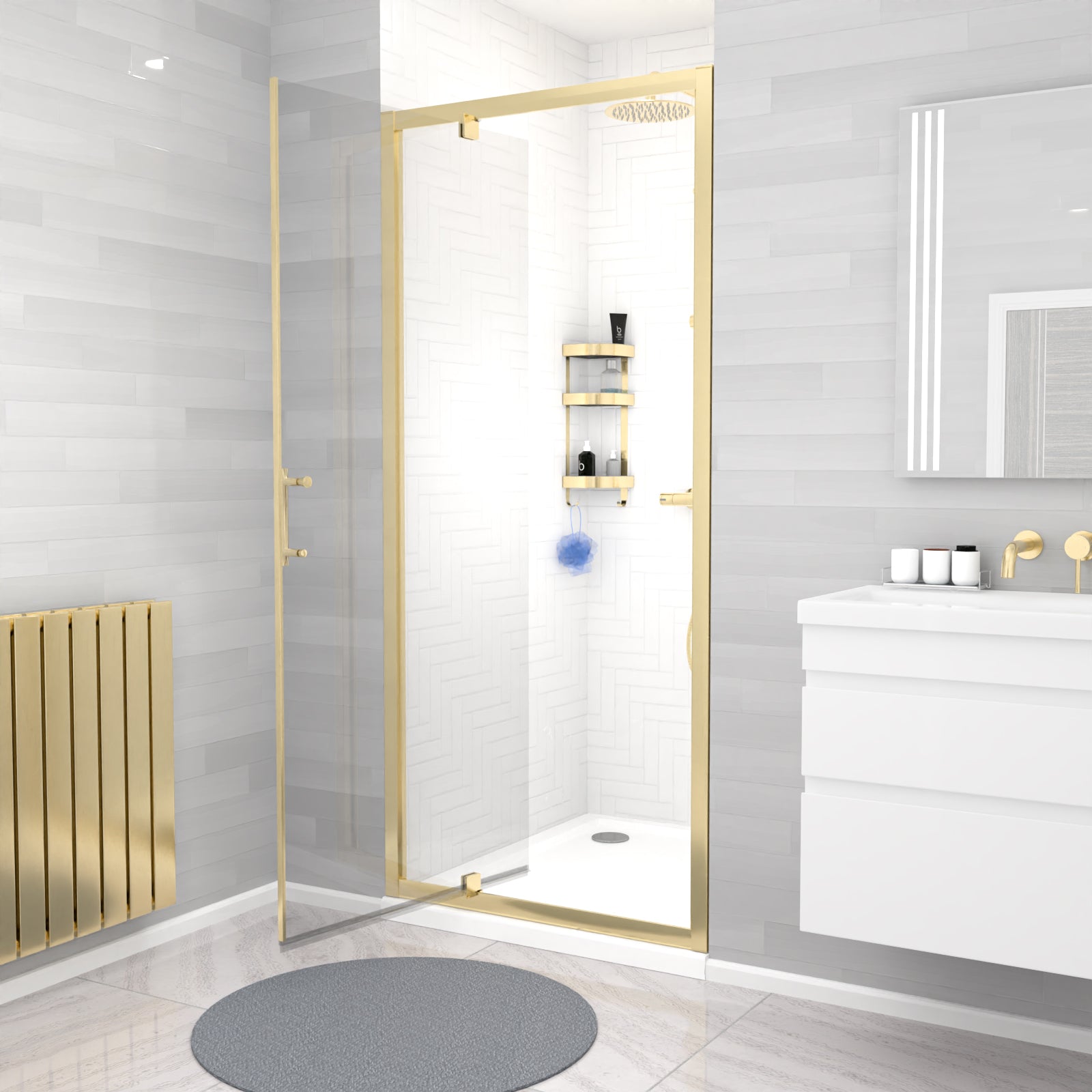 Jupiter 900 x 1850mm Brushed Brass Framed Shower Enclosure Pivot Door