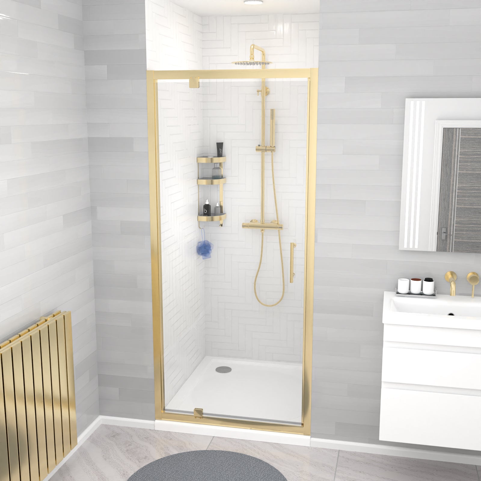 Jupiter 900 x 1850mm Brushed Brass Framed Shower Enclosure Pivot Door