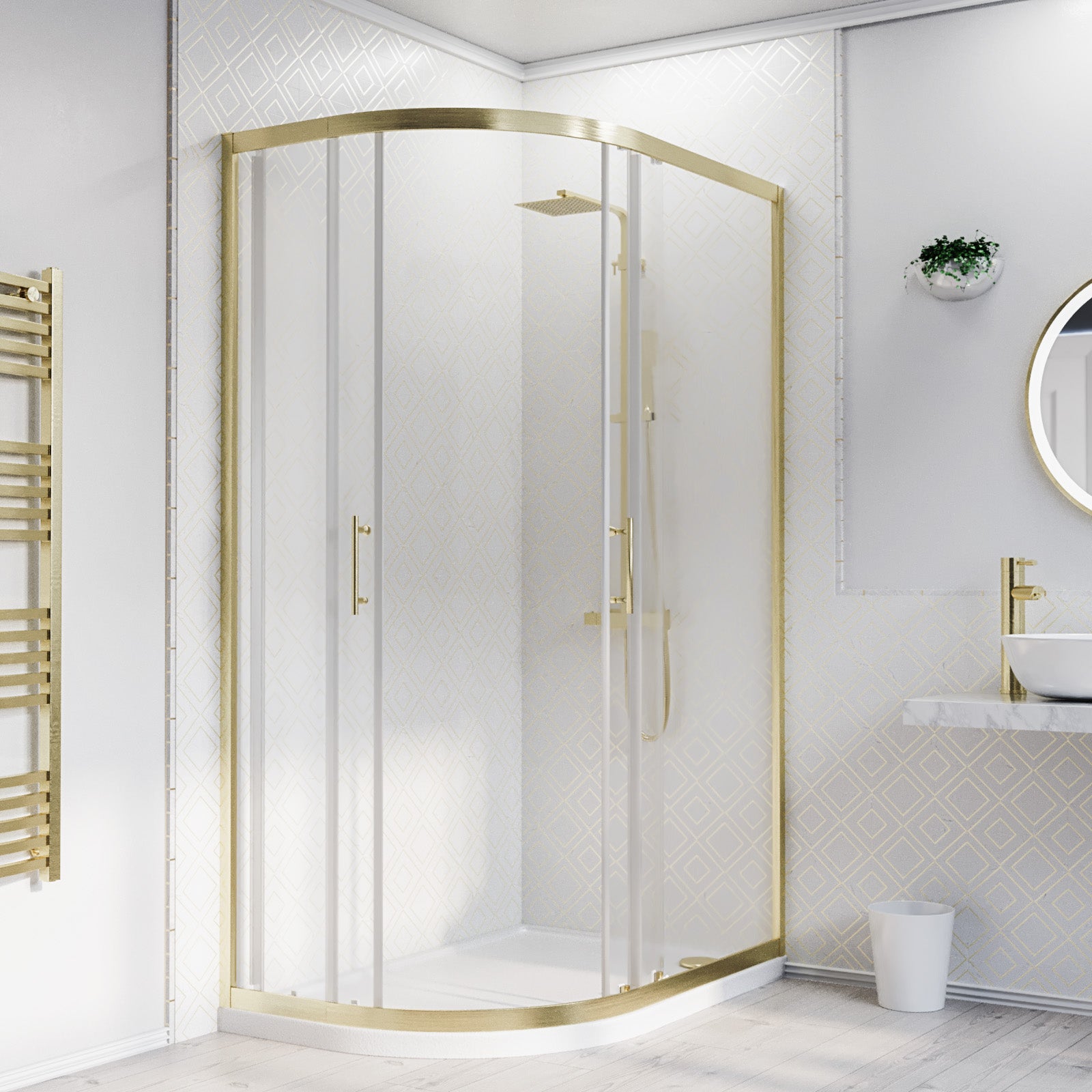 Left Hand 1200 x 800mm Brushed Brass Framed Offset Quadrant Shower Enclosure & Tray