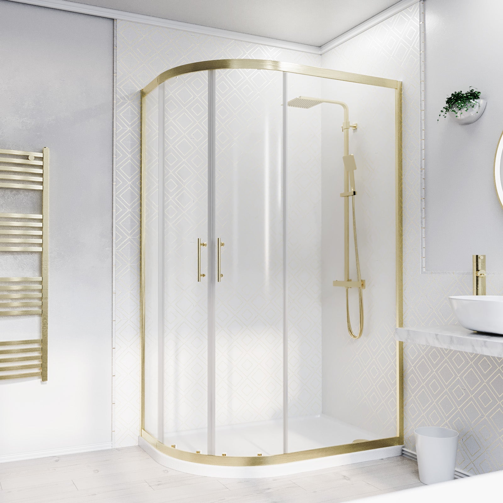 Left Hand 1200 x 800mm Brushed Brass Framed Offset Quadrant Shower Enclosure & Tray
