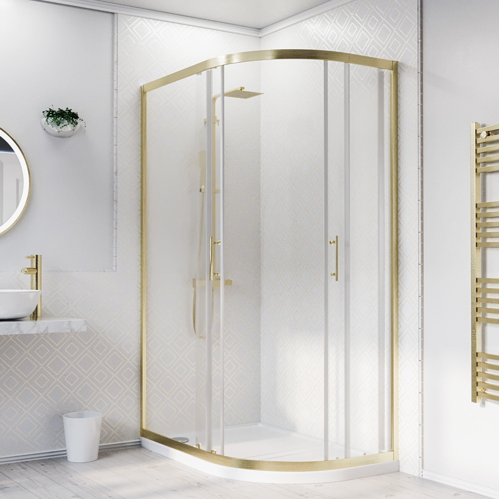 RH 1200 x 800mm Offset Quadrant Shower Enclosure Brushed Brass & Tray