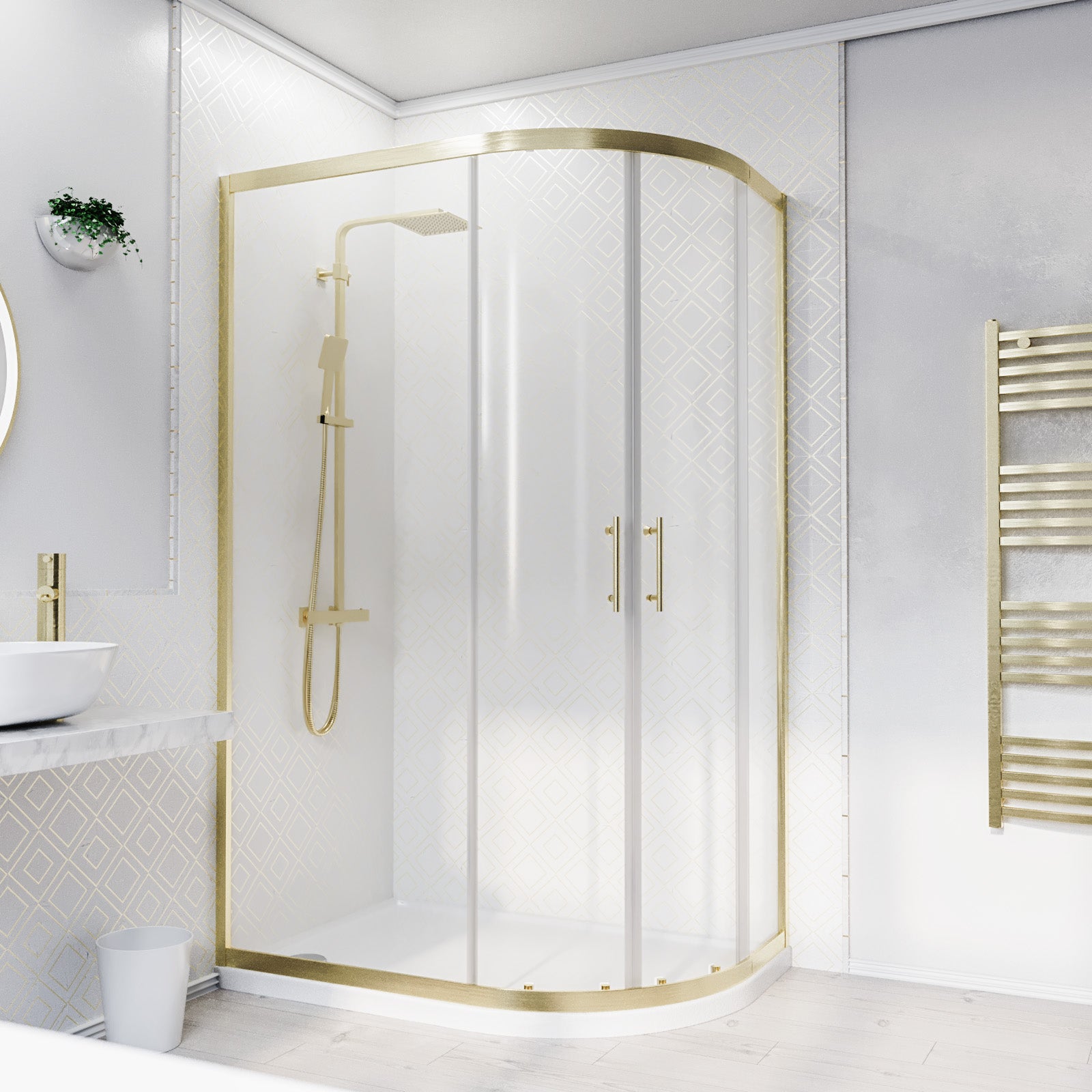 RH 1200 x 800mm Offset Quadrant Shower Enclosure Brushed Brass & Tray