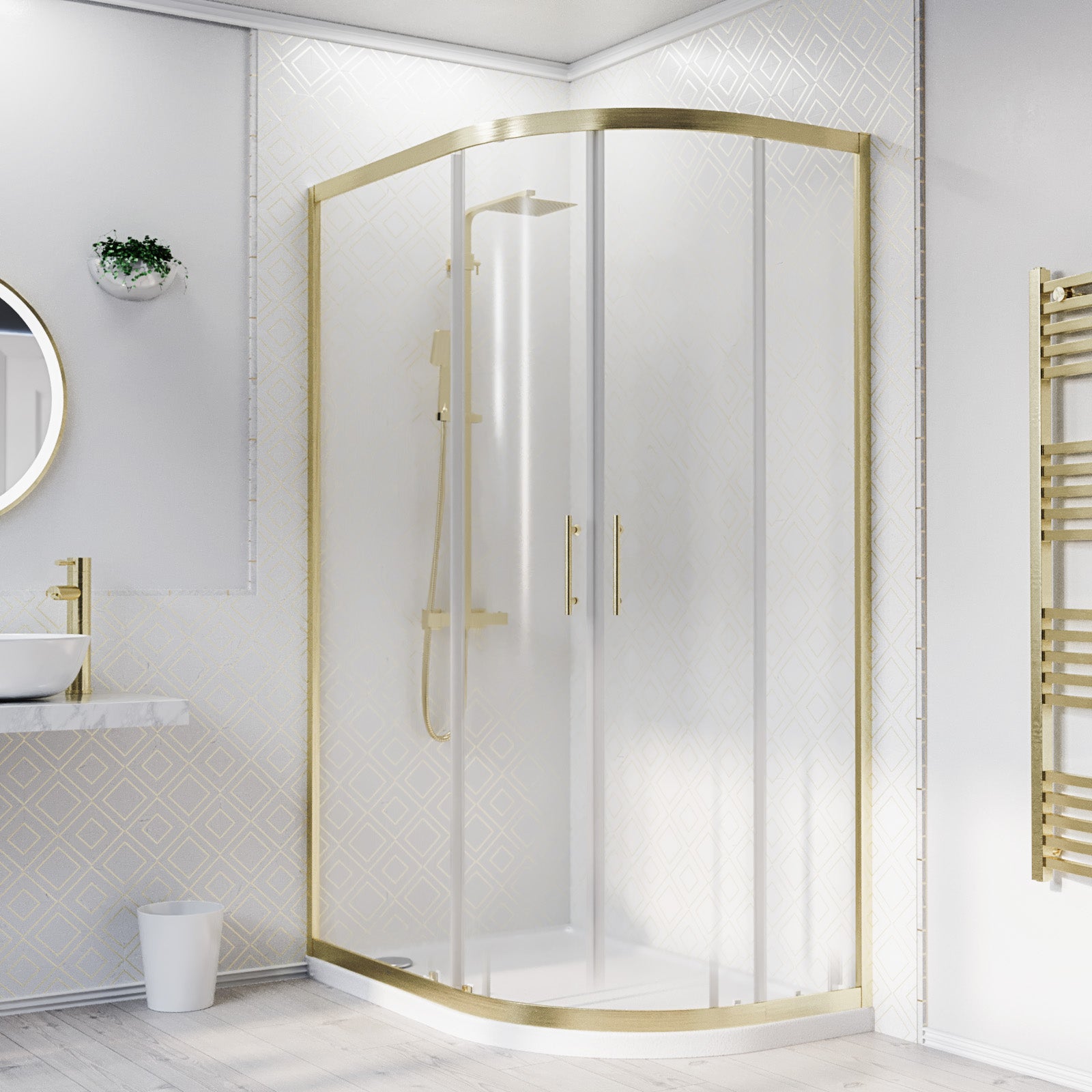 RH 1200 x 800mm Offset Quadrant Shower Enclosure Brushed Brass & Tray