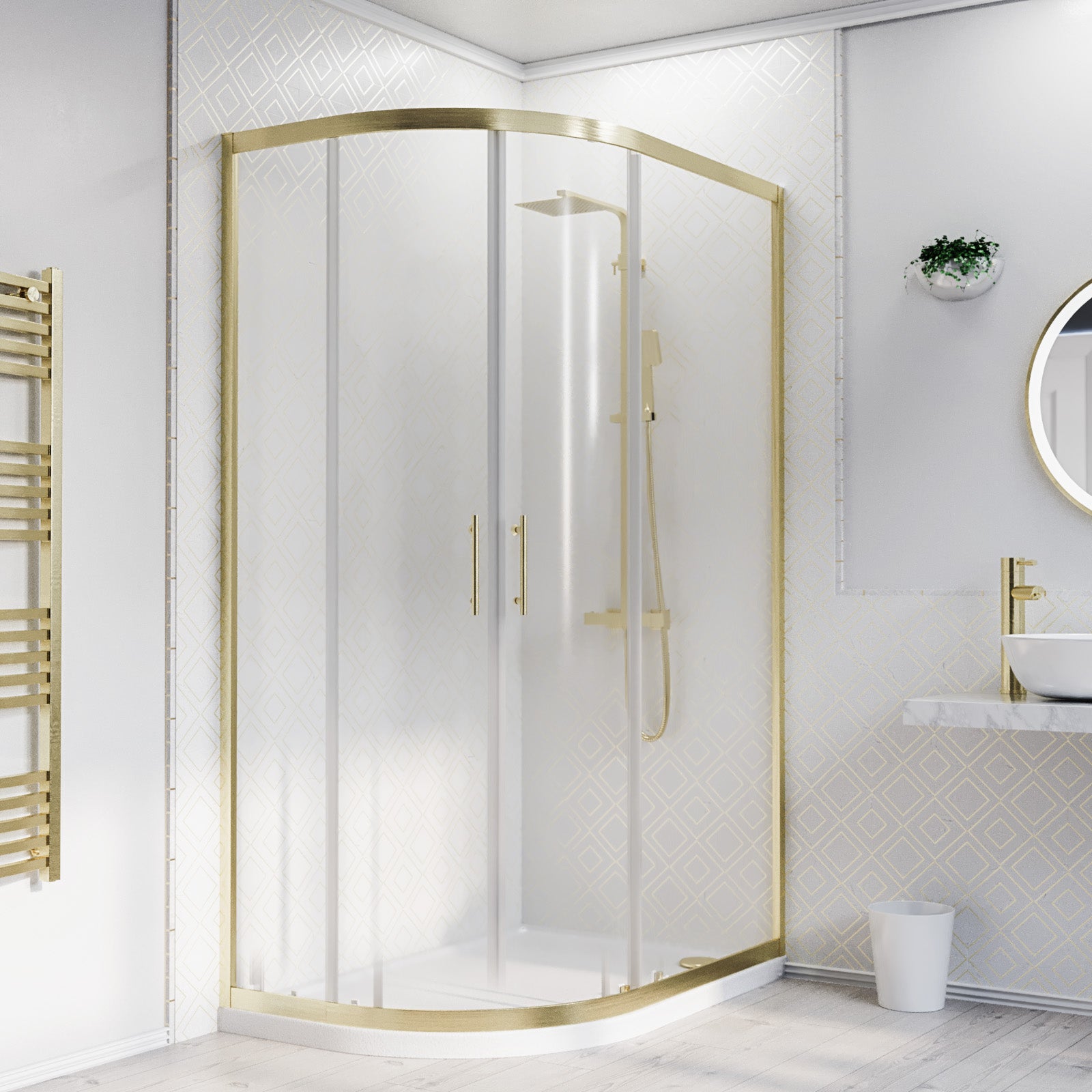 Left Hand 1200 x 800mm Brushed Brass Framed Offset Quadrant Shower Enclosure & Tray