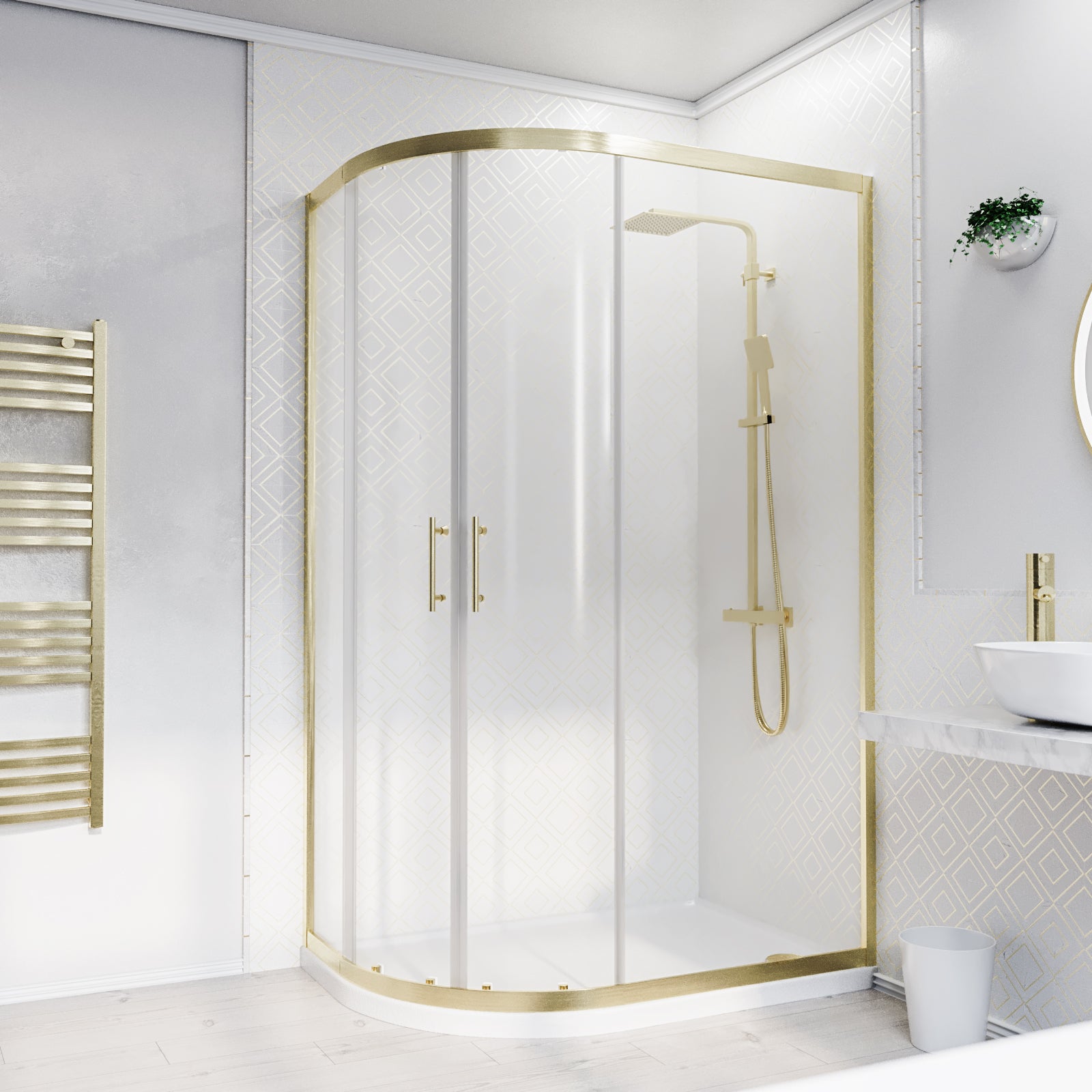 LH 1200 x 900mm Offset Quadrant Shower Enclosure Brushed Brass & Tray