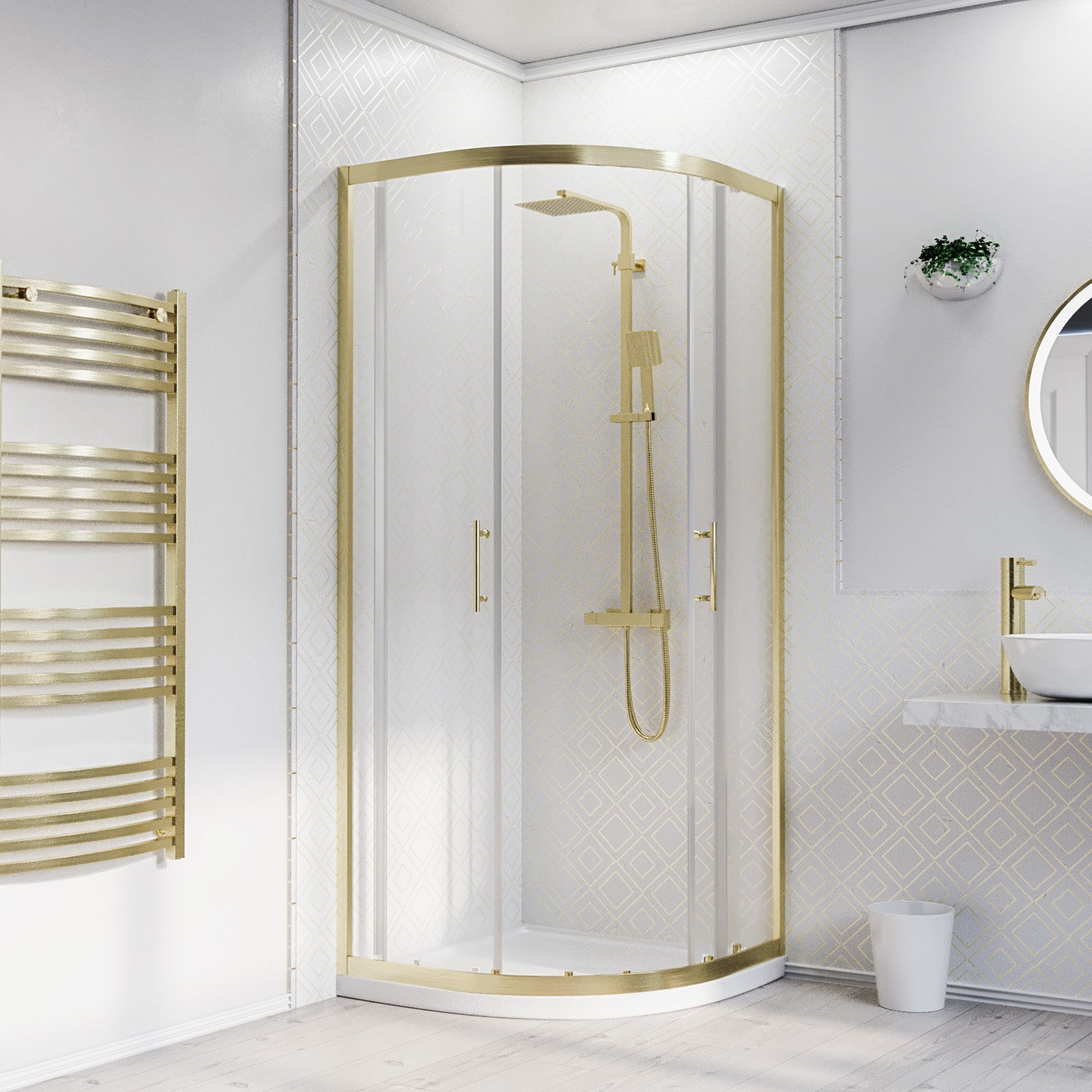 800 x 800mm Brushed Brass Framed Quadrant Shower Enclosure with Shower Tray