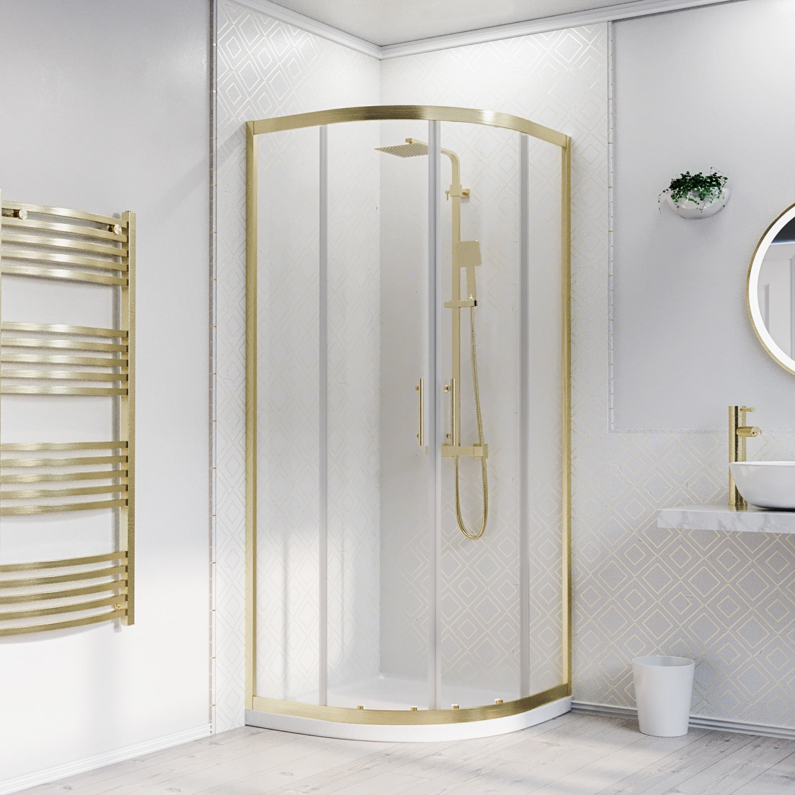 800 x 800mm Quadrant Shower Enclosure Brushed Brass with Shower Tray