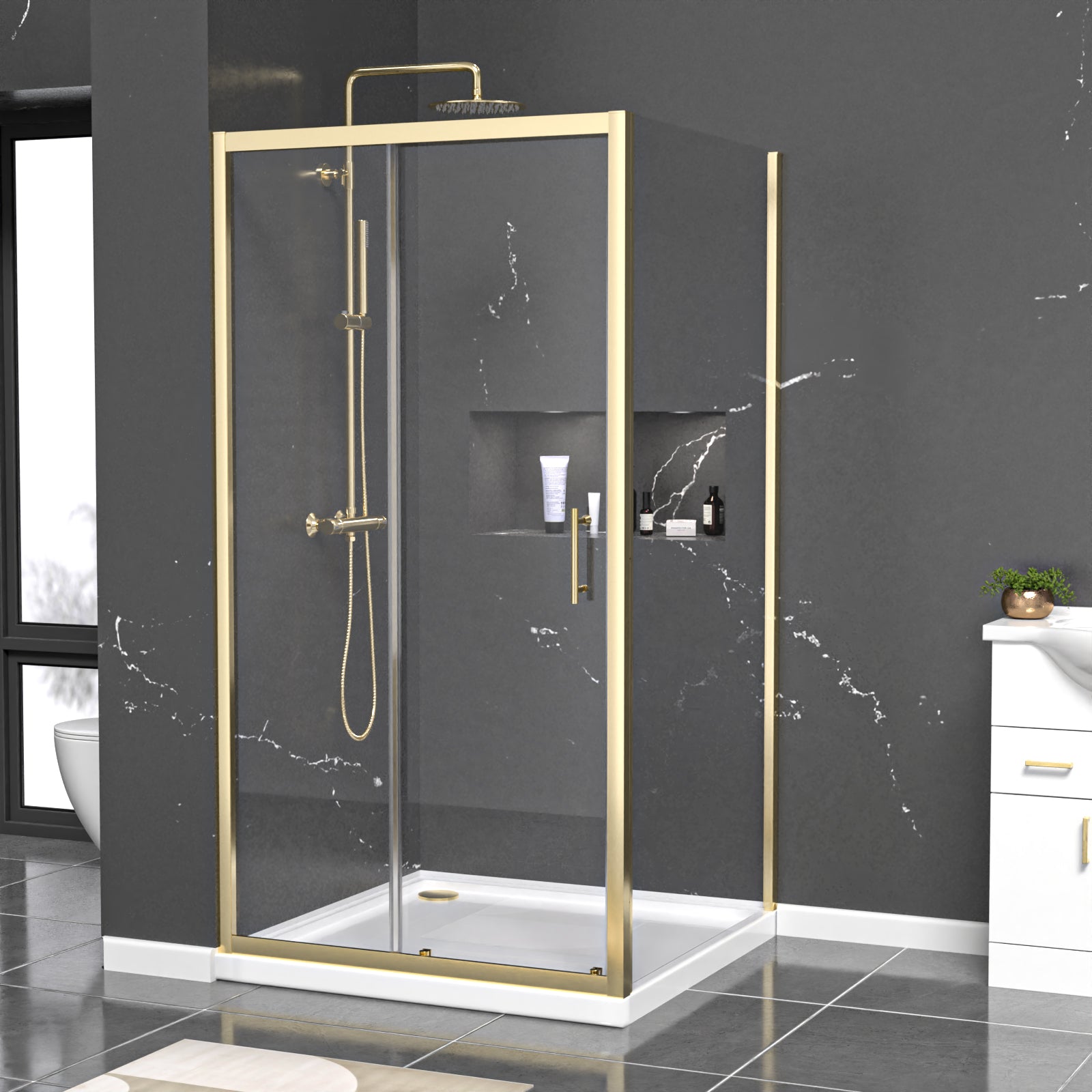 Manga 1000 x 1000mm Shower Enclosure Sliding Door & Side Panel Brushed Brass