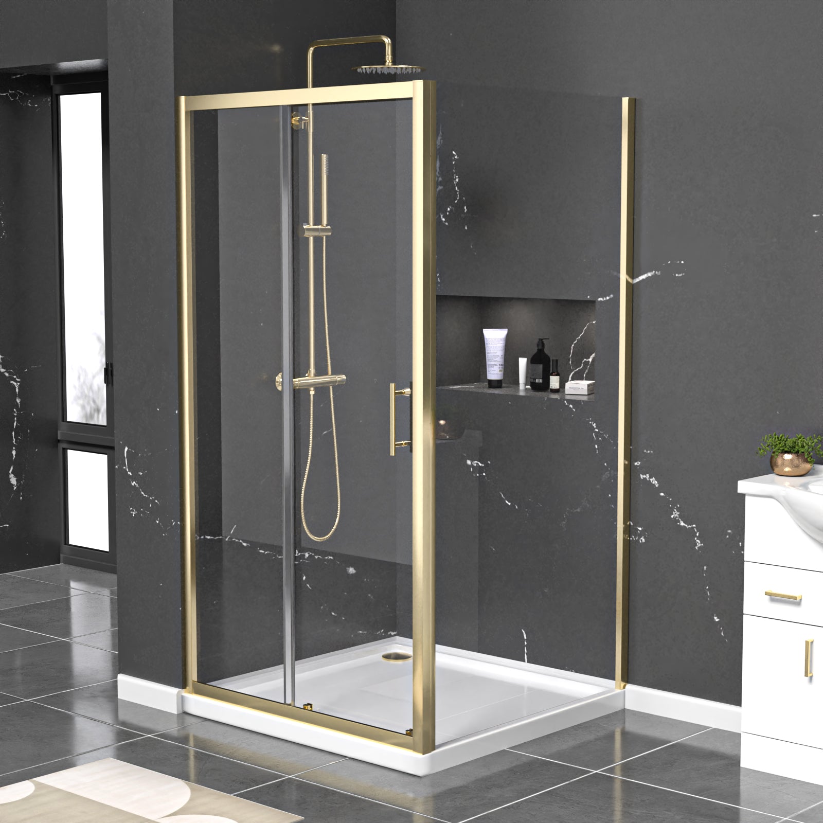 Manga 1000 x 1000mm Shower Enclosure Sliding Door & Side Panel Brushed Brass